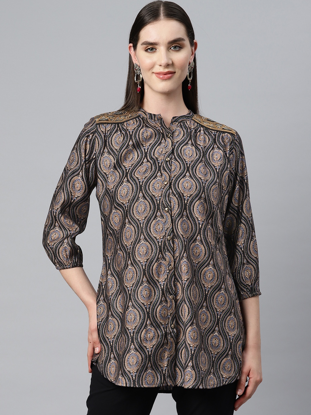 

Nayam By Lakshita Ethnic Motifs Printed Sequinned Modal Kurti, Black