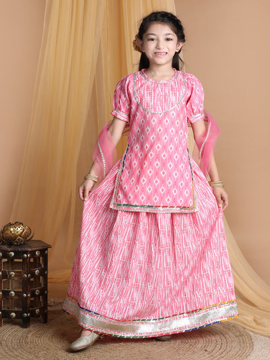 

Cutiekins Girls Geometric Printed Ready to Wear Lehenga & Blouse With Dupatta, Pink