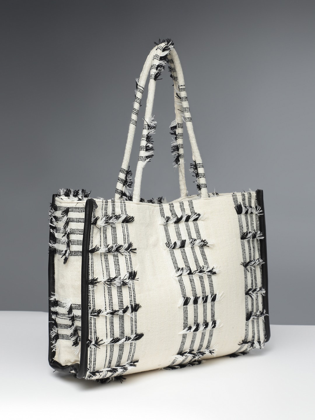 

DEEBACO Self Design Structured Fringed Tote Bag, White