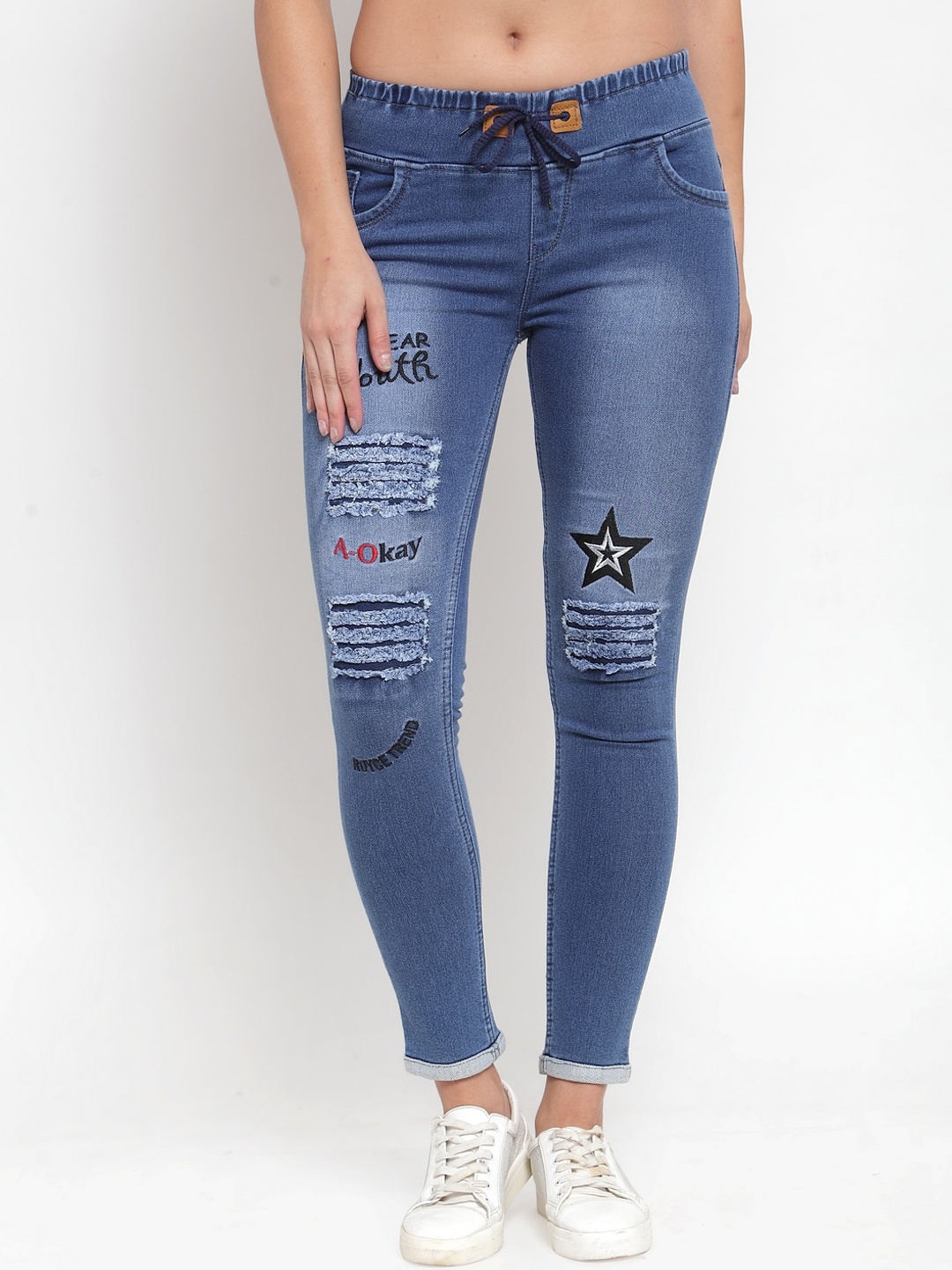 

A-Okay Women Skinny Fit Mildly Distressed Light Fade Embroidered Stretchable Jeans, Blue