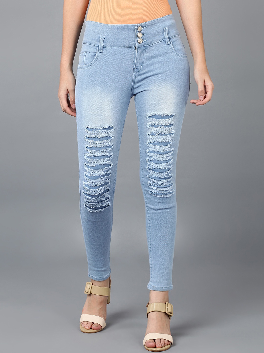 

A-Okay Women Skinny Fit Highly Distressed Heavy Fade Stretchable Jeans, Turquoise blue