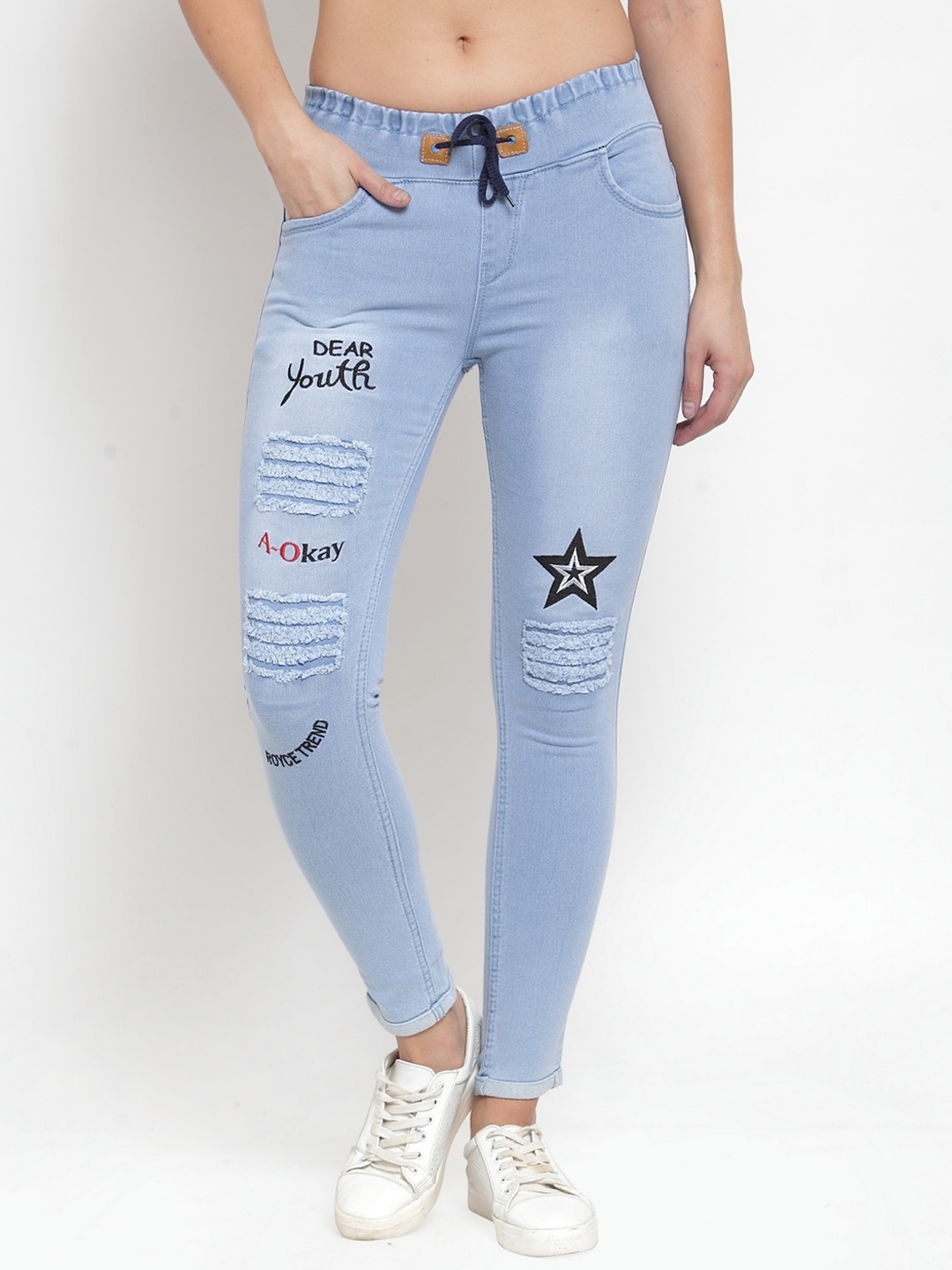 

A-Okay Women Skinny Fit Mildly Distressed Light Fade Embroidered Stretchable Jeans, Turquoise blue