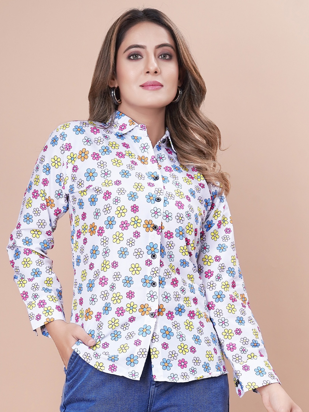 

TIEXA Floral Printed Shirt Style Top, White