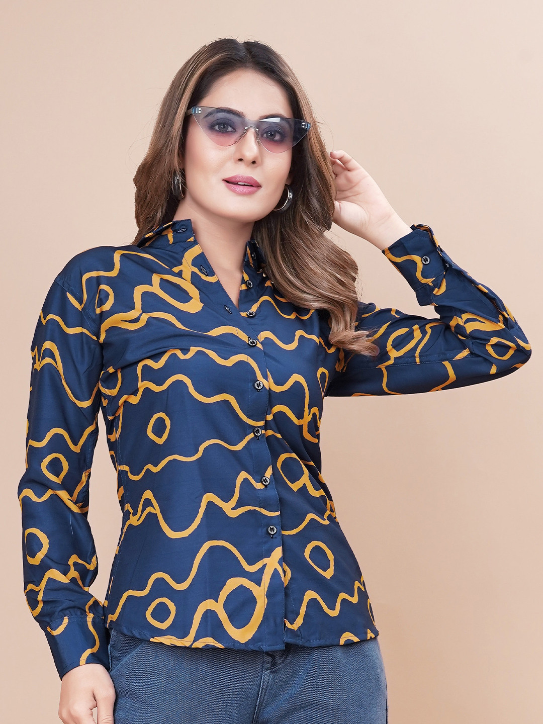

TIEXA Abstract Printed Spread Collar Casual Shirt, Navy blue