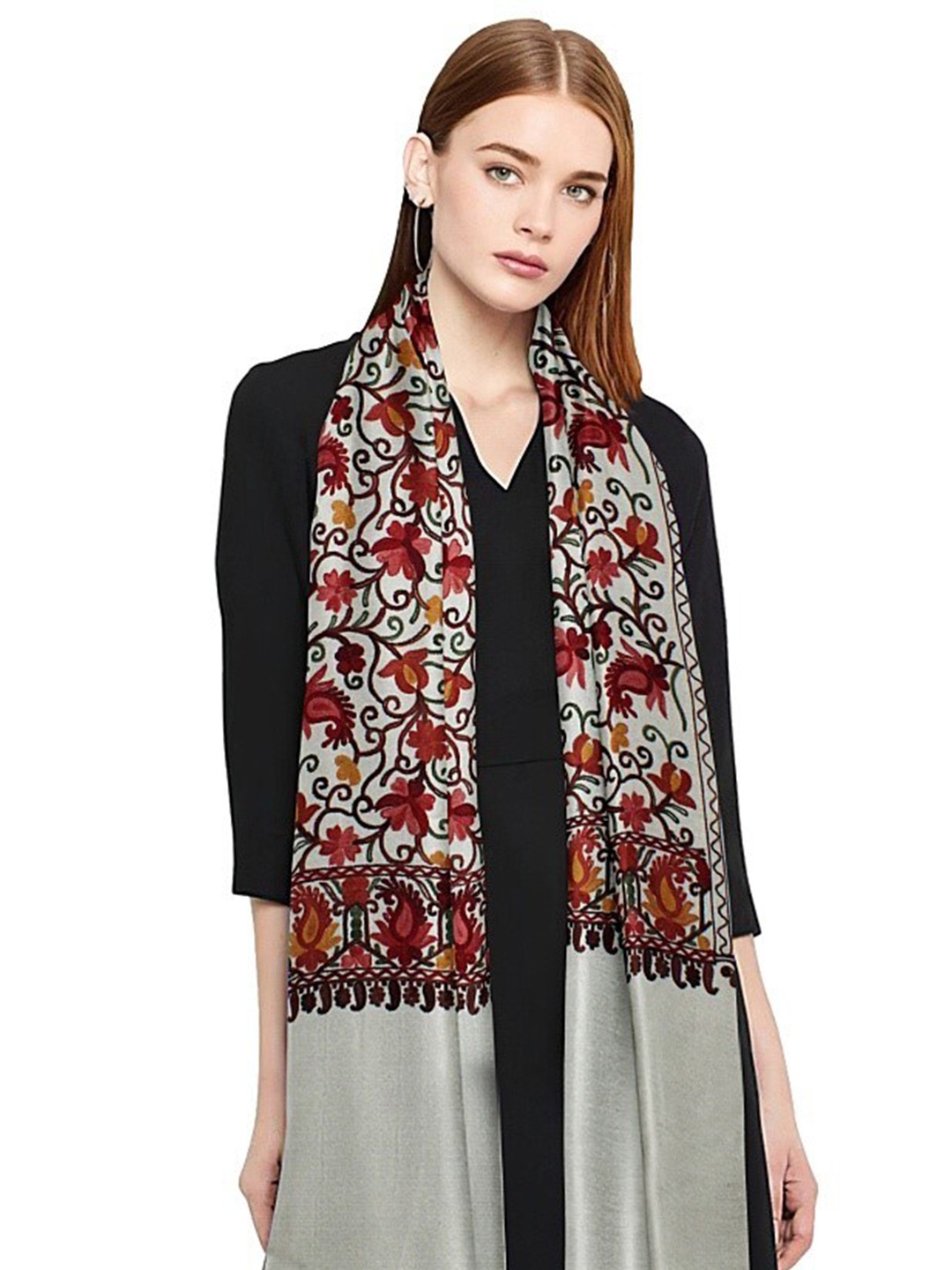

CASMIR Floral Embroidered Acrylic Stole, Cream