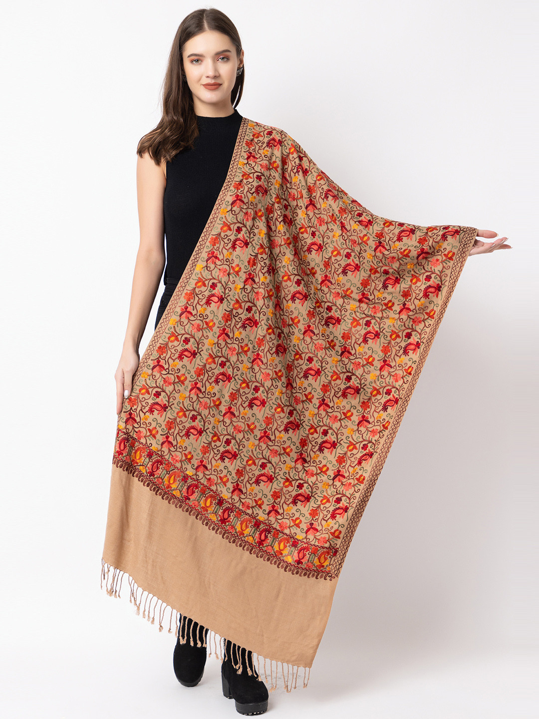 

CASMIR Floral Embroidered Acrylic Stole, Beige