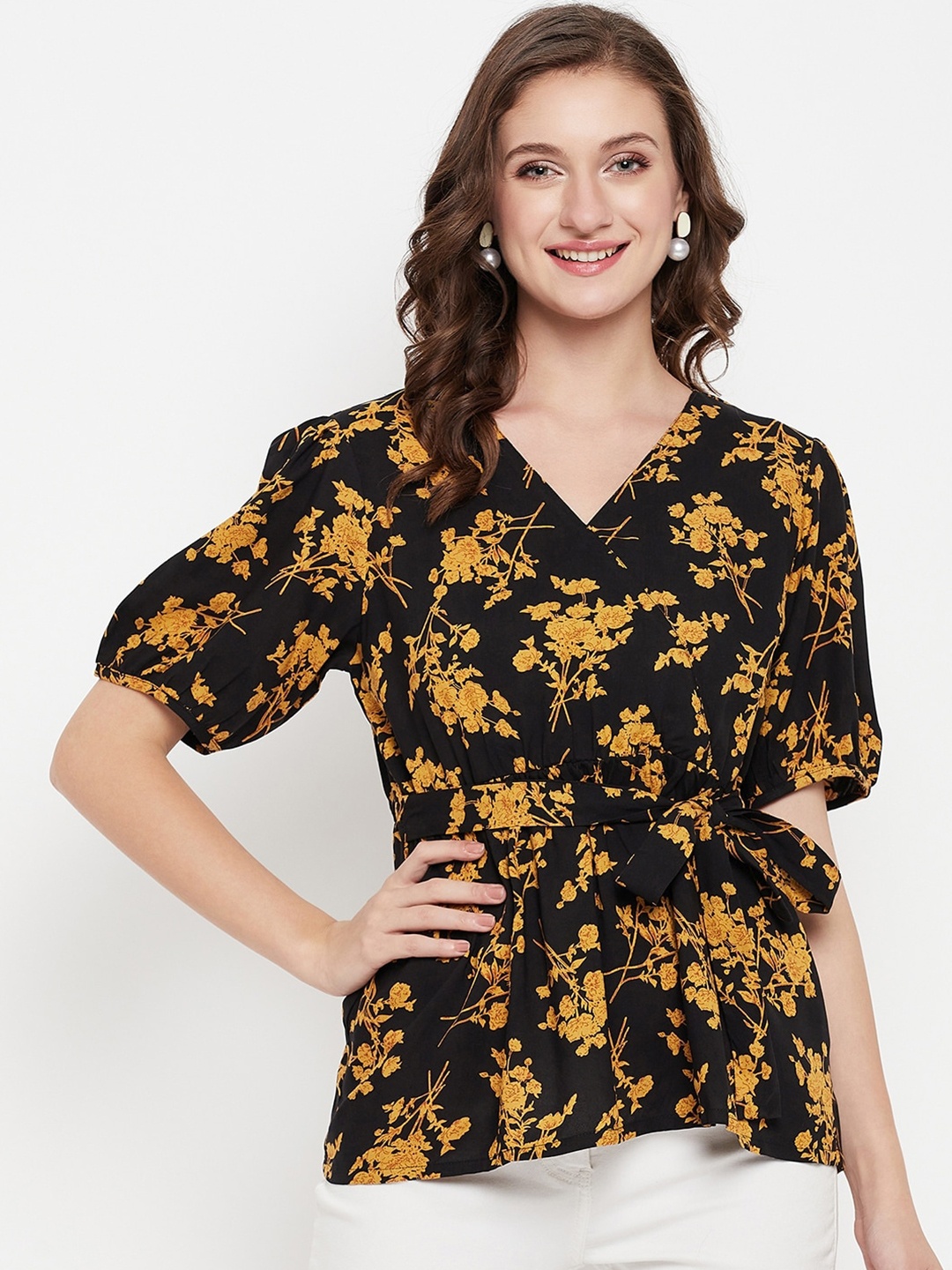 

Cantabil Black Floral Printed V-Neck Puff Sleeve Empire Top