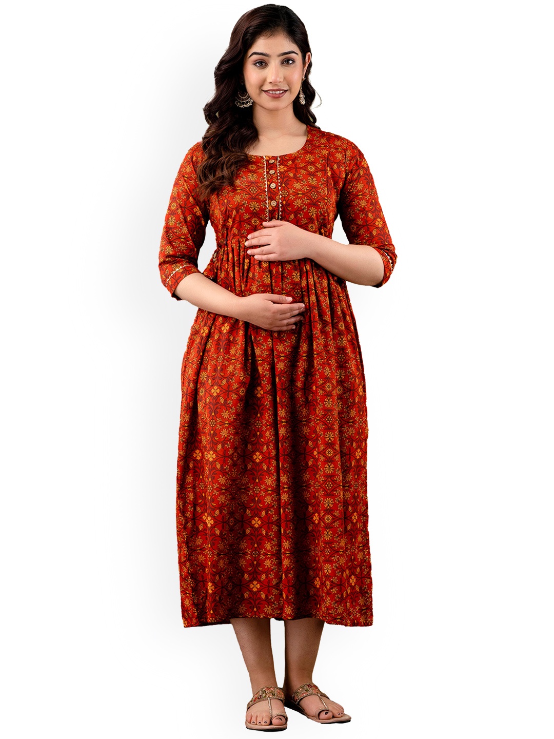 

NITVAN Floral Printed Cotton Anarkali Maternity Feeding Kurta, Orange
