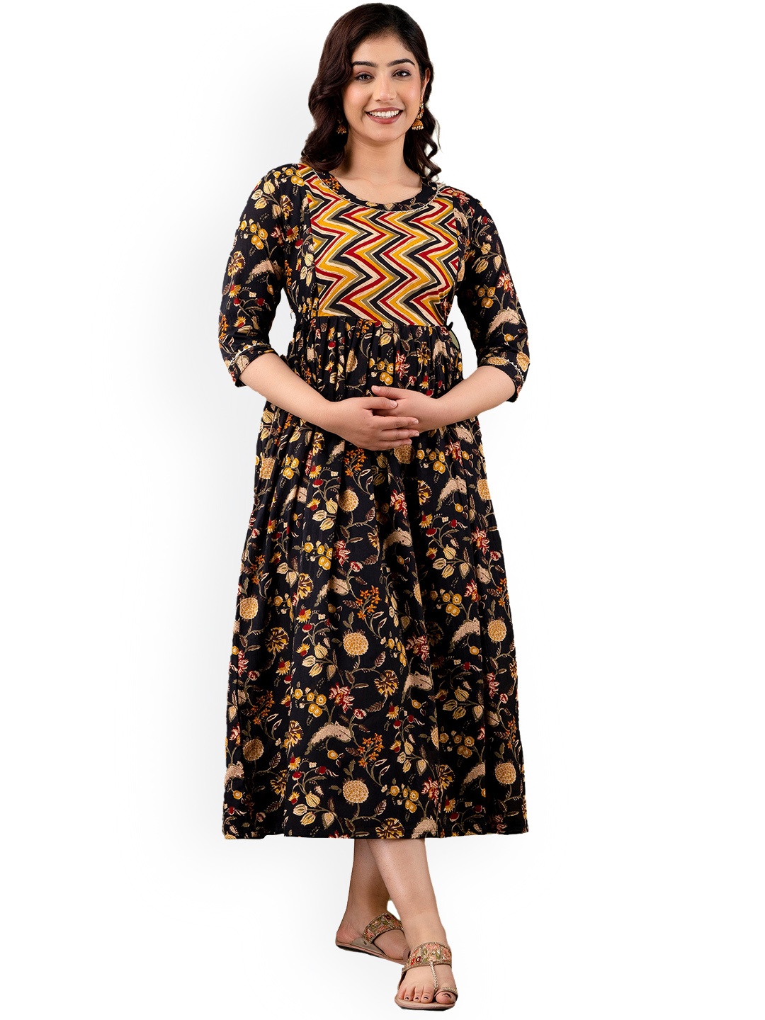 

NITVAN Floral Printed Cotton Anarkali Maternity Feeding Kurta, Black