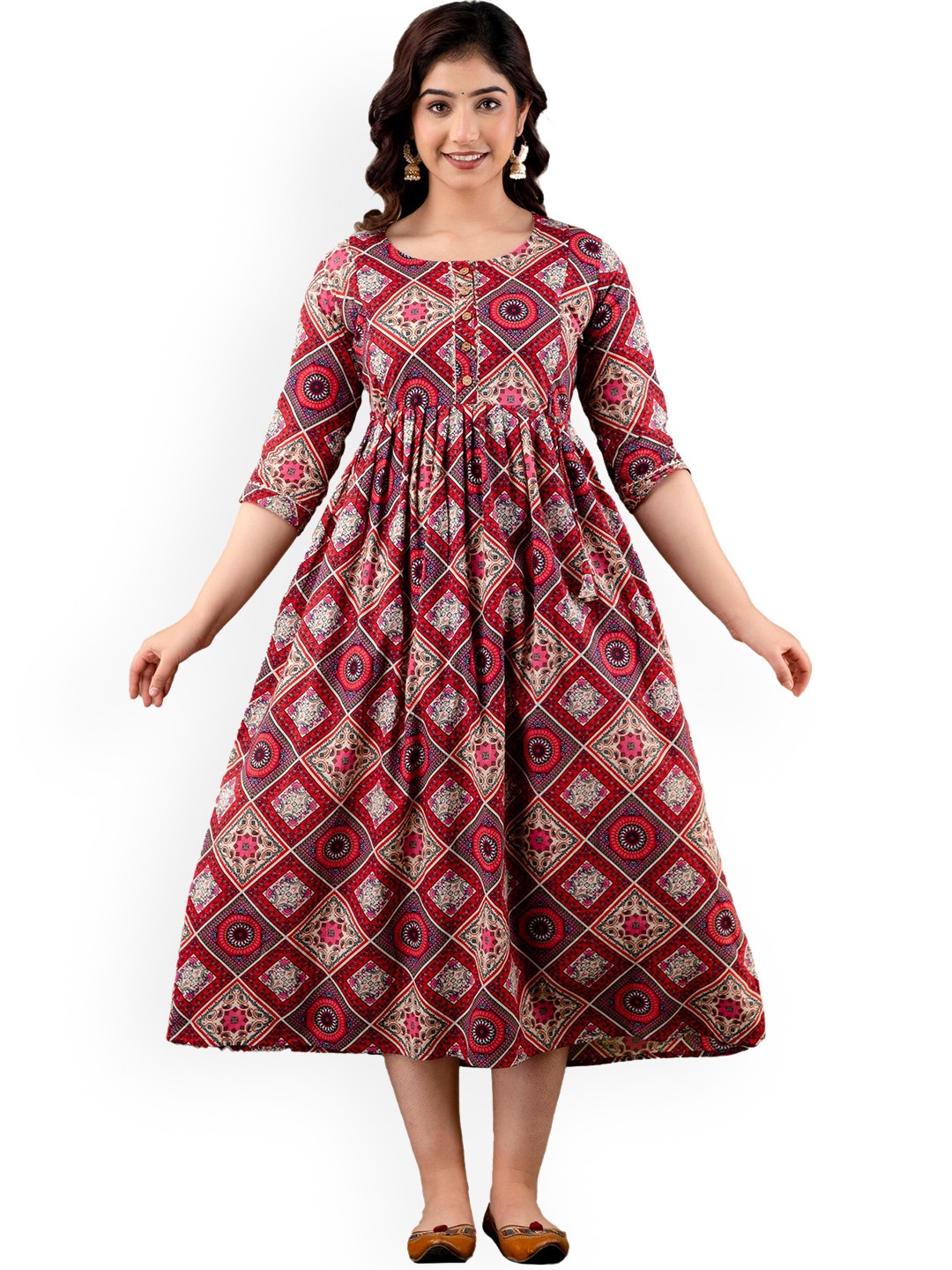 

NITVAN Ethnic Motifs Printed Cotton Anarkali Maternity Feeding Kurta, Red