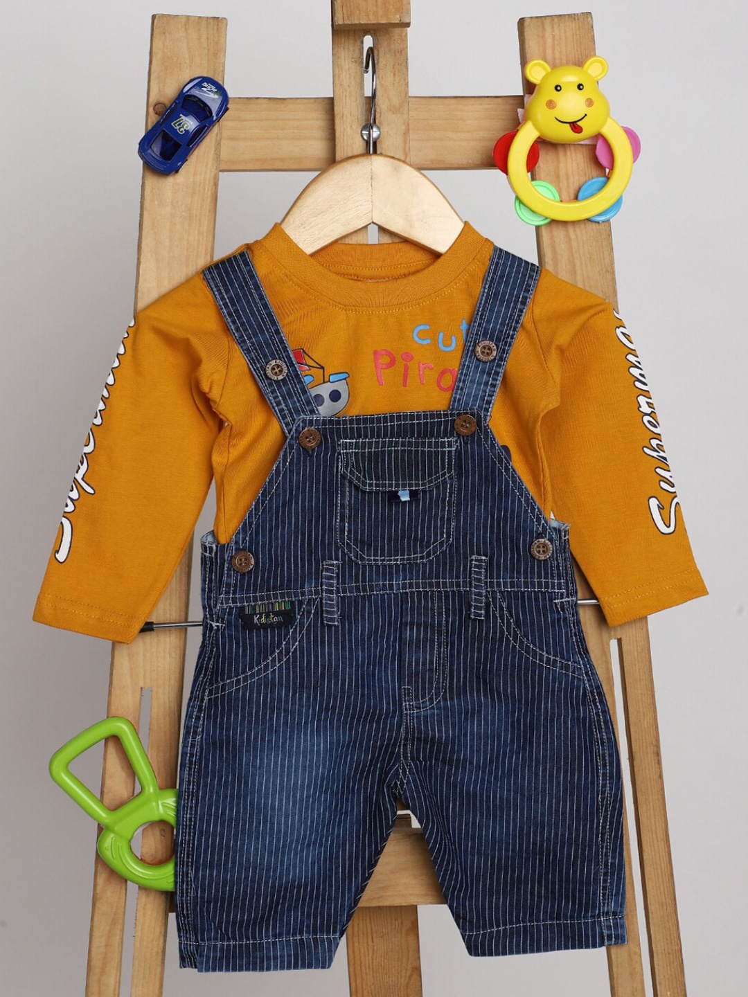 

V-Mart Kids Striped Pure Cotton Dungarees With Printed T-shirt, Blue