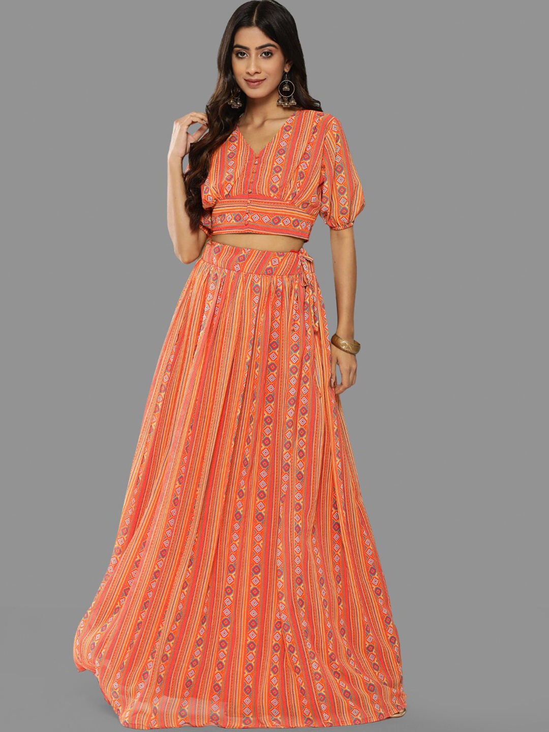 

Janasya Printed Poly Georgette Ready to Wear Lehenga, Orange