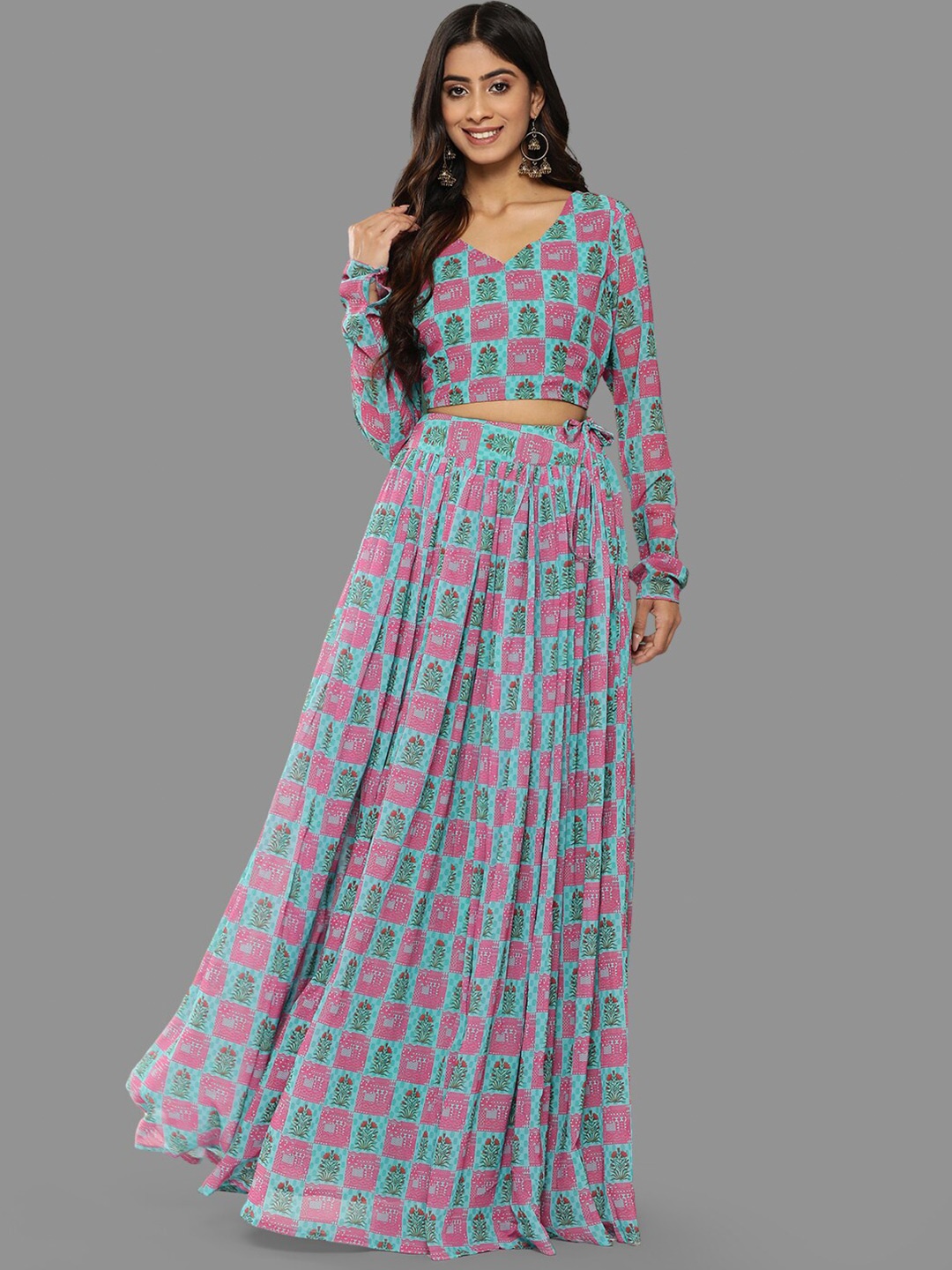 

Janasya Printed Poly Georgette Ready to Wear Lehenga, Green