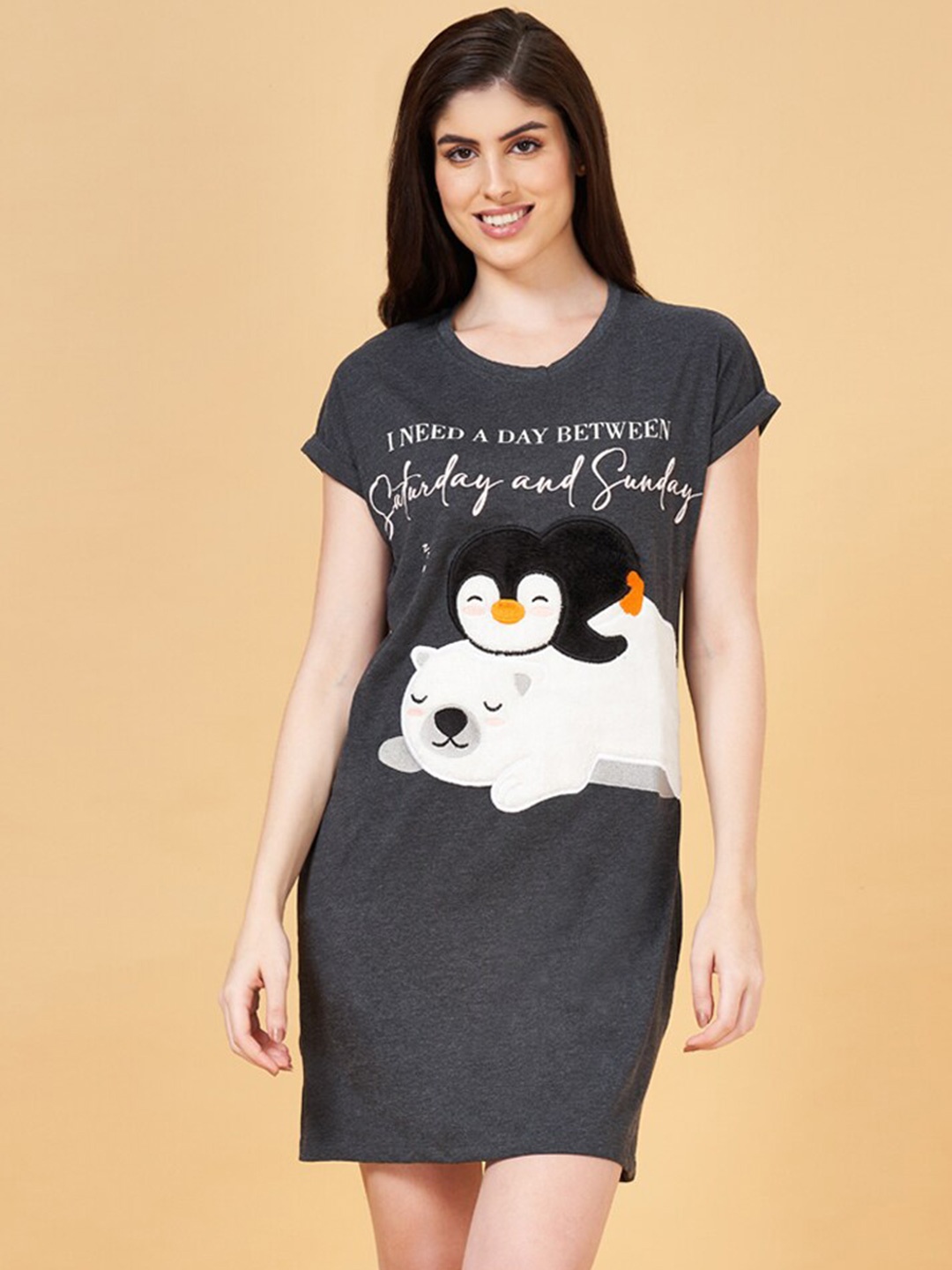 

Dreamz by Pantaloons Graphic Printed Pure Cotton Nightdress, Charcoal
