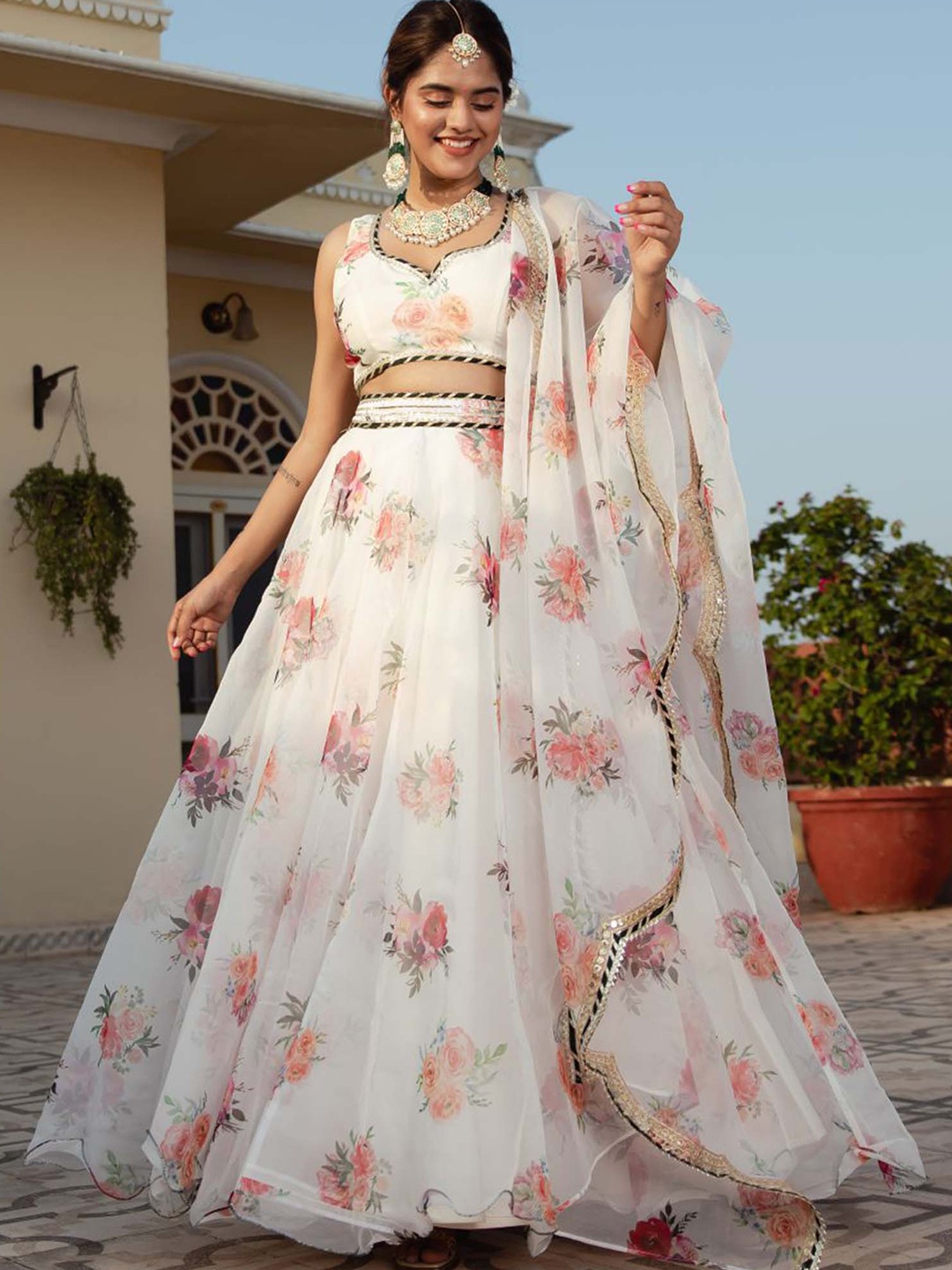 

FABPIXEL Floral Printed Sequinned Semi-Stitched Lehenga & Unstitched Blouse With Dupatta, White