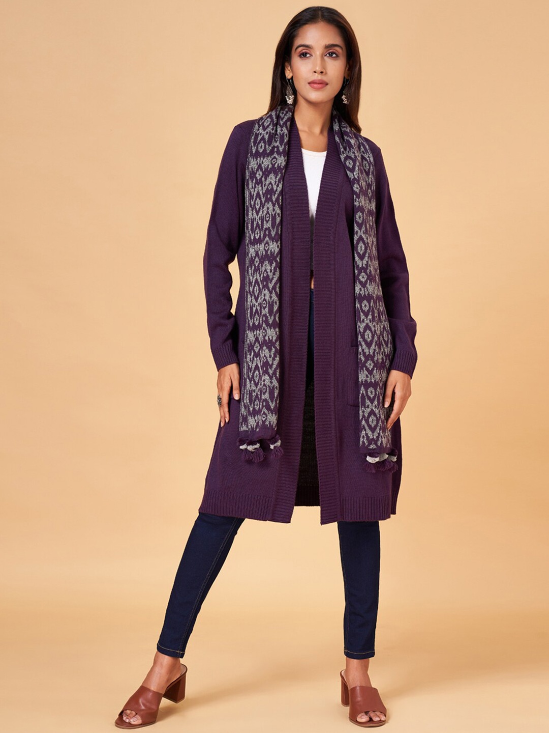 

RANGMANCH BY PANTALOONS Longline Open Front Shrug, Purple