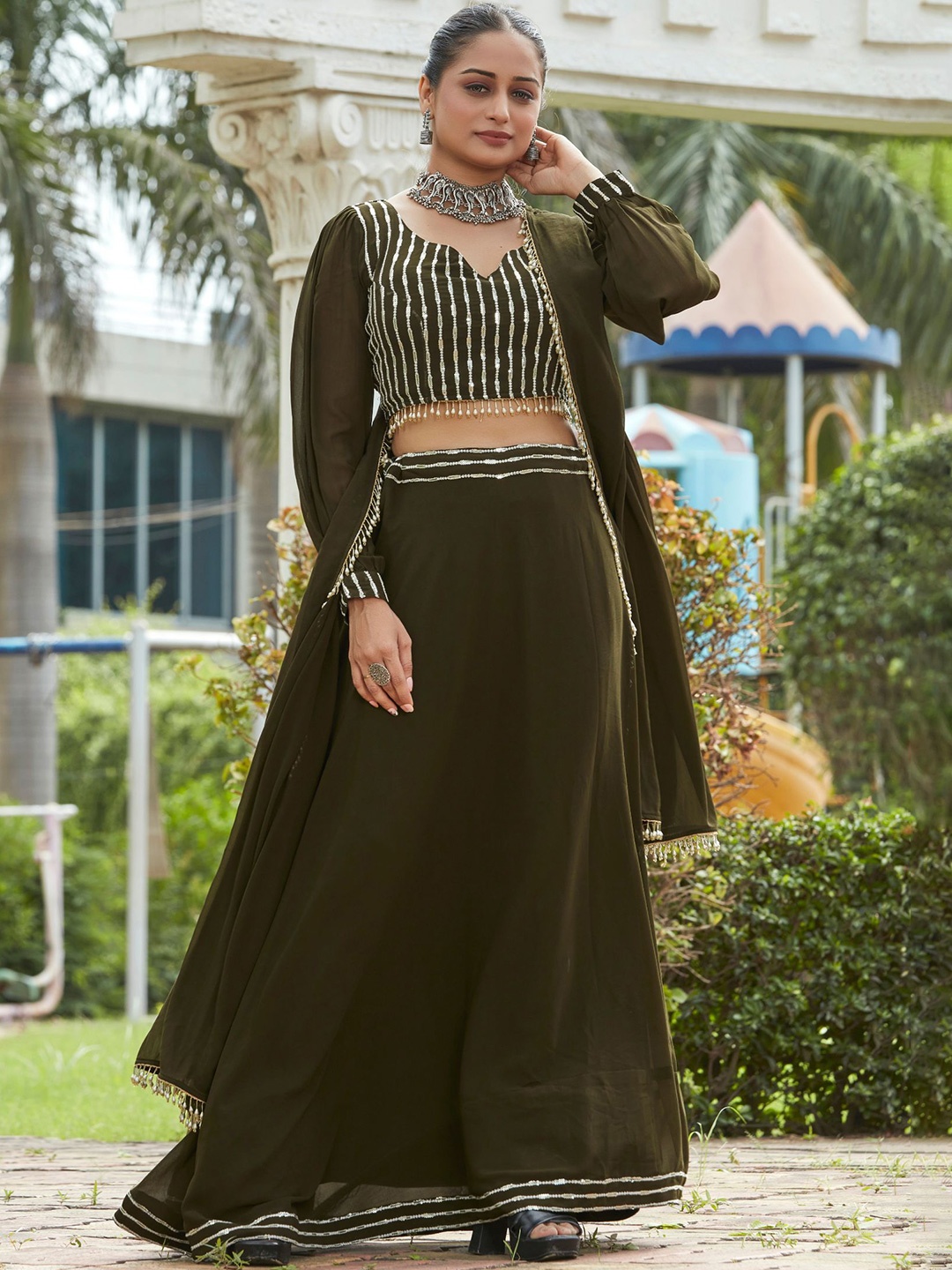 

KALINI Embroidered Ready To Wear Lehenga & Blouse With Dupatta, Olive