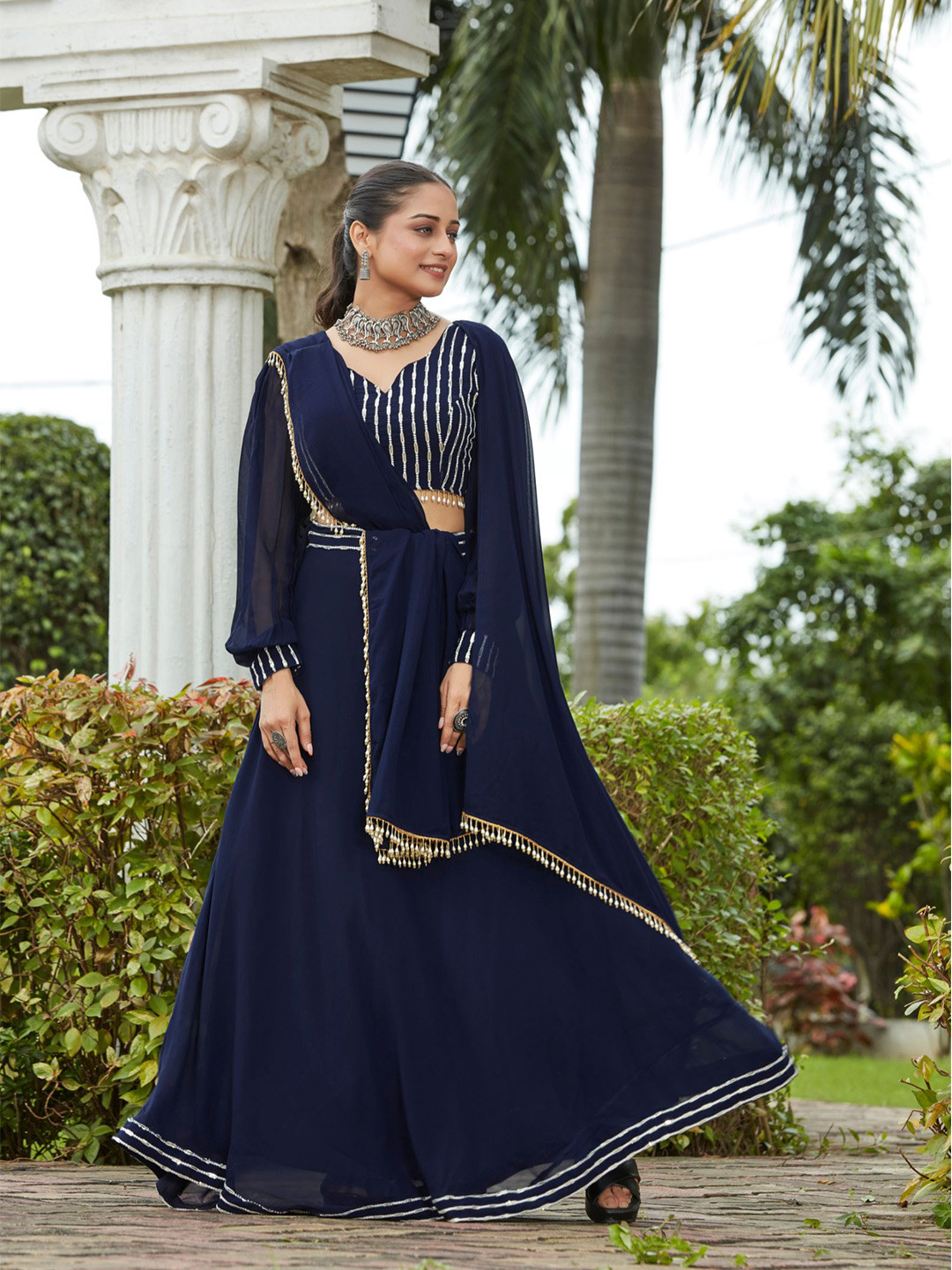 

KALINI Embroidered Thread Work Ready to Wear Lehenga & Blouse With Dupatta, Navy blue