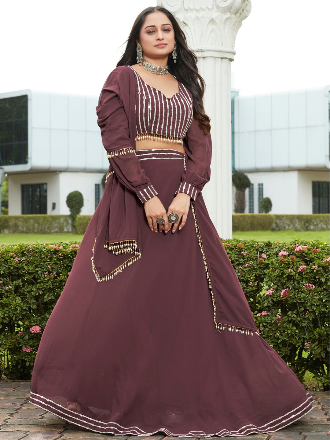 

KALINI Embroidered Thread Work Ready to Wear Lehenga & Blouse With Dupatta, Brown