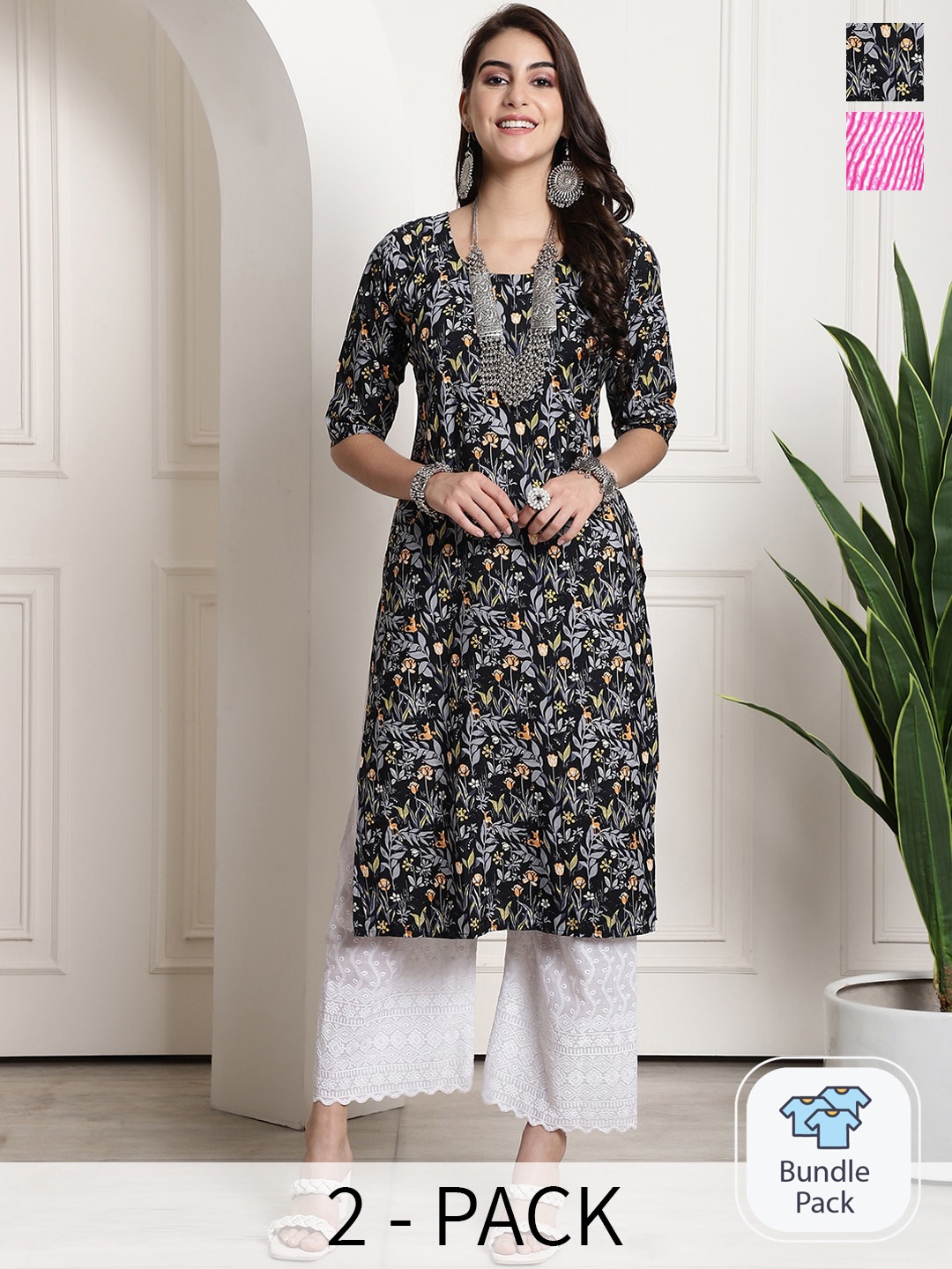 

7Threads Selection Of 2 Ethnic Motifs Printed Kurta, Black