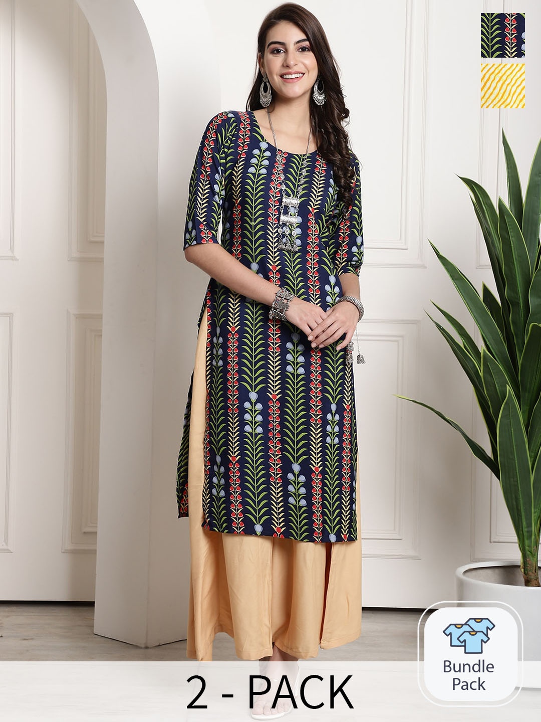 

7Threads Selection of 2 Printed Round Neck Straight Kurtas, Navy blue