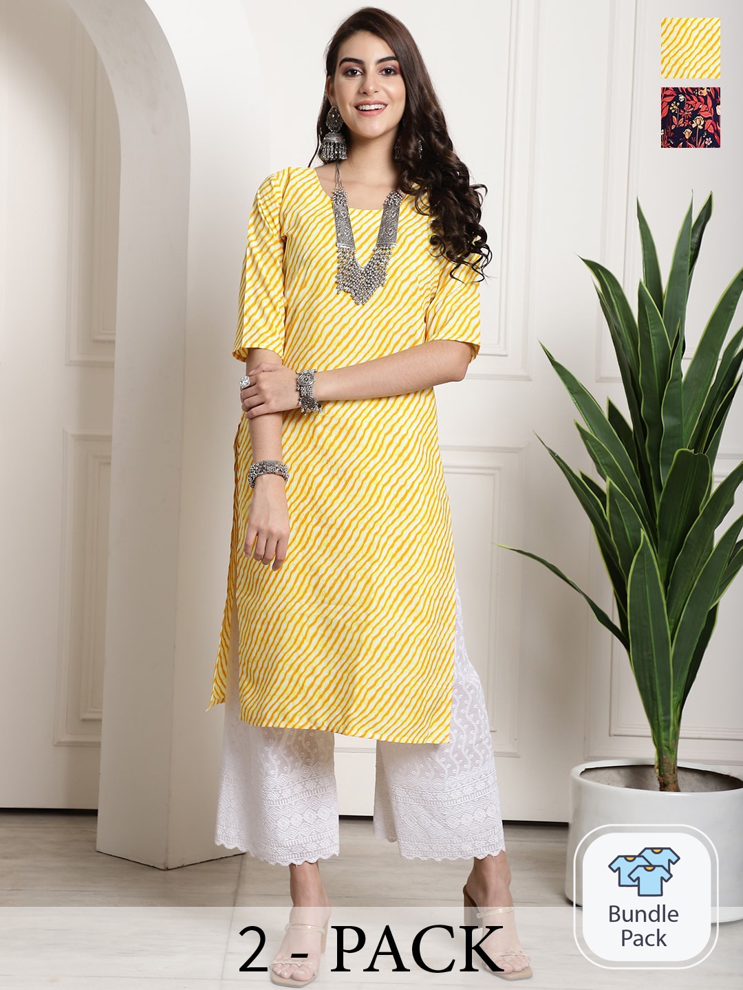 

7Threads Selection of 2 Printed Round Neck Straight Kurtas, Yellow