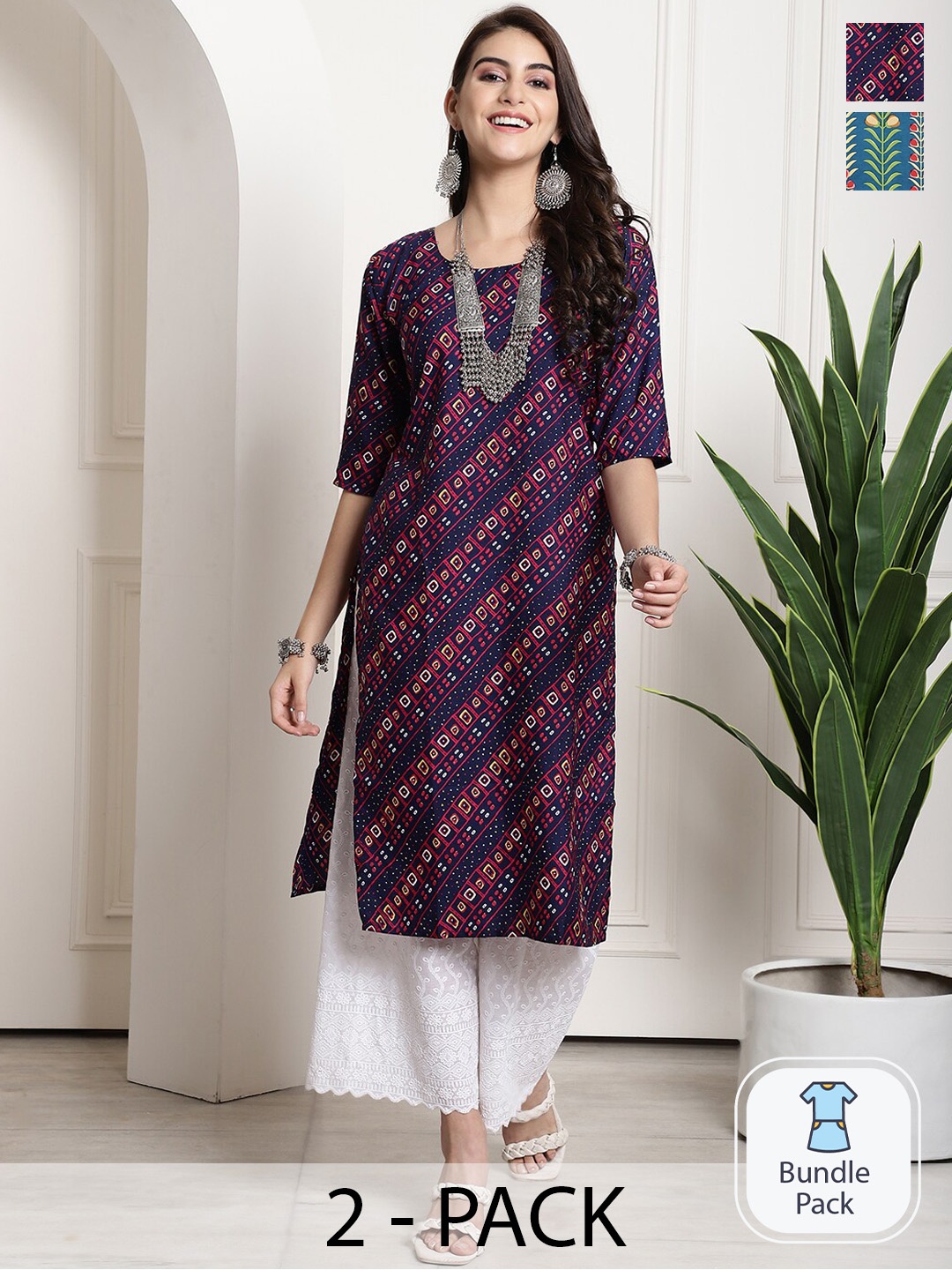 

7Threads Selection Of 2 Ethnic Motifs Printed Straight Kurta, Navy blue