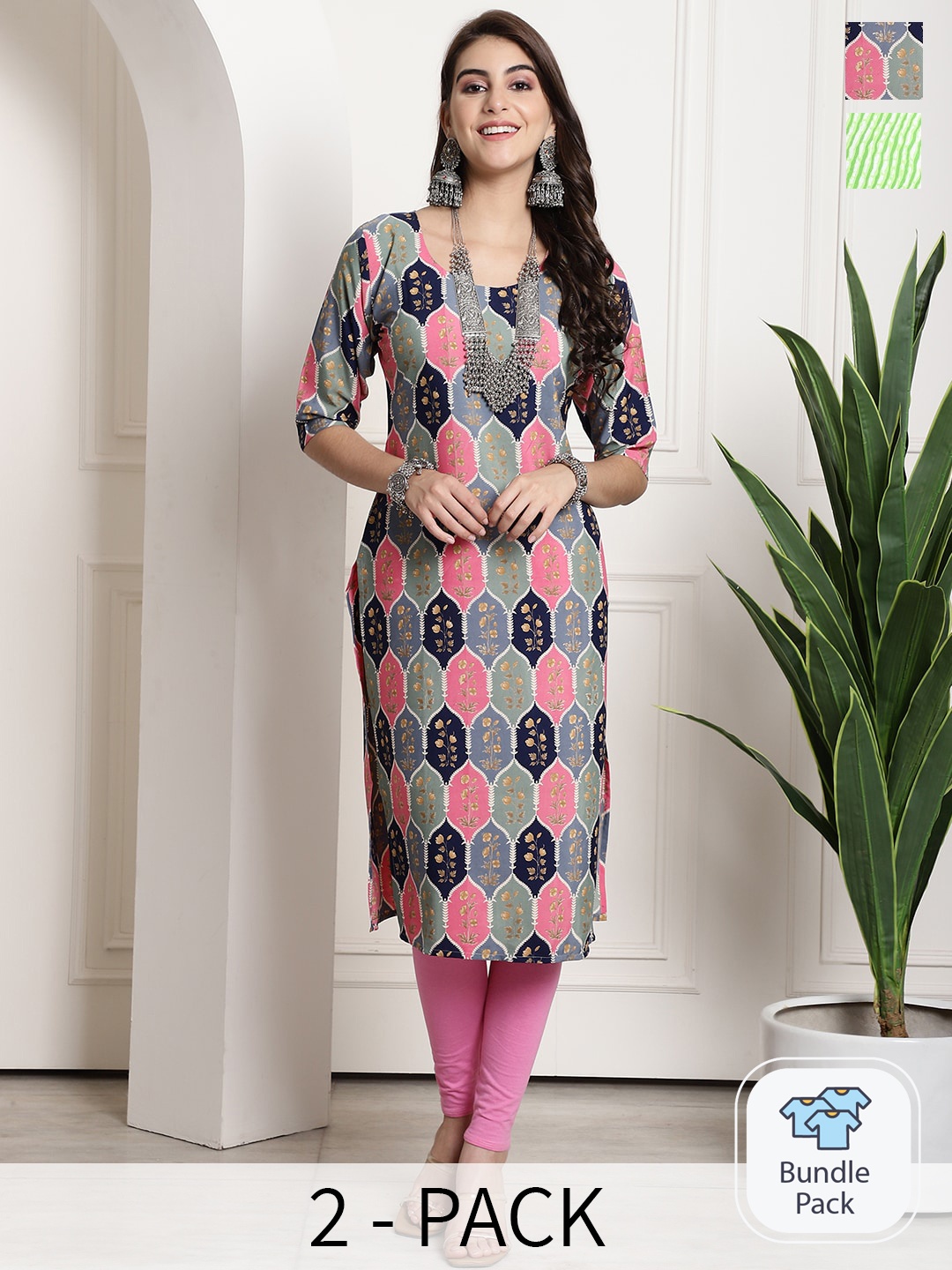 

7Threads Selection Of 2 Ethnic Motifs Printed Round Neck Straight Kurta, Pink