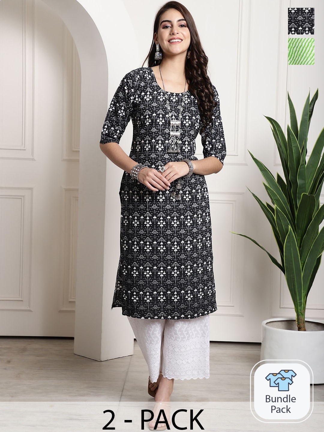 

7Threads Selection Of 2 Printed Straight Kurta, Black