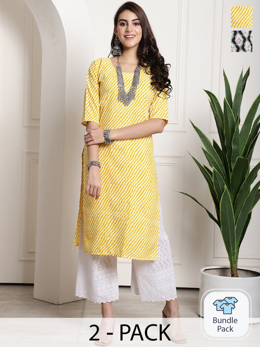 

7Threads Selection Of 2 Printed Round Neck Kurtas, Yellow