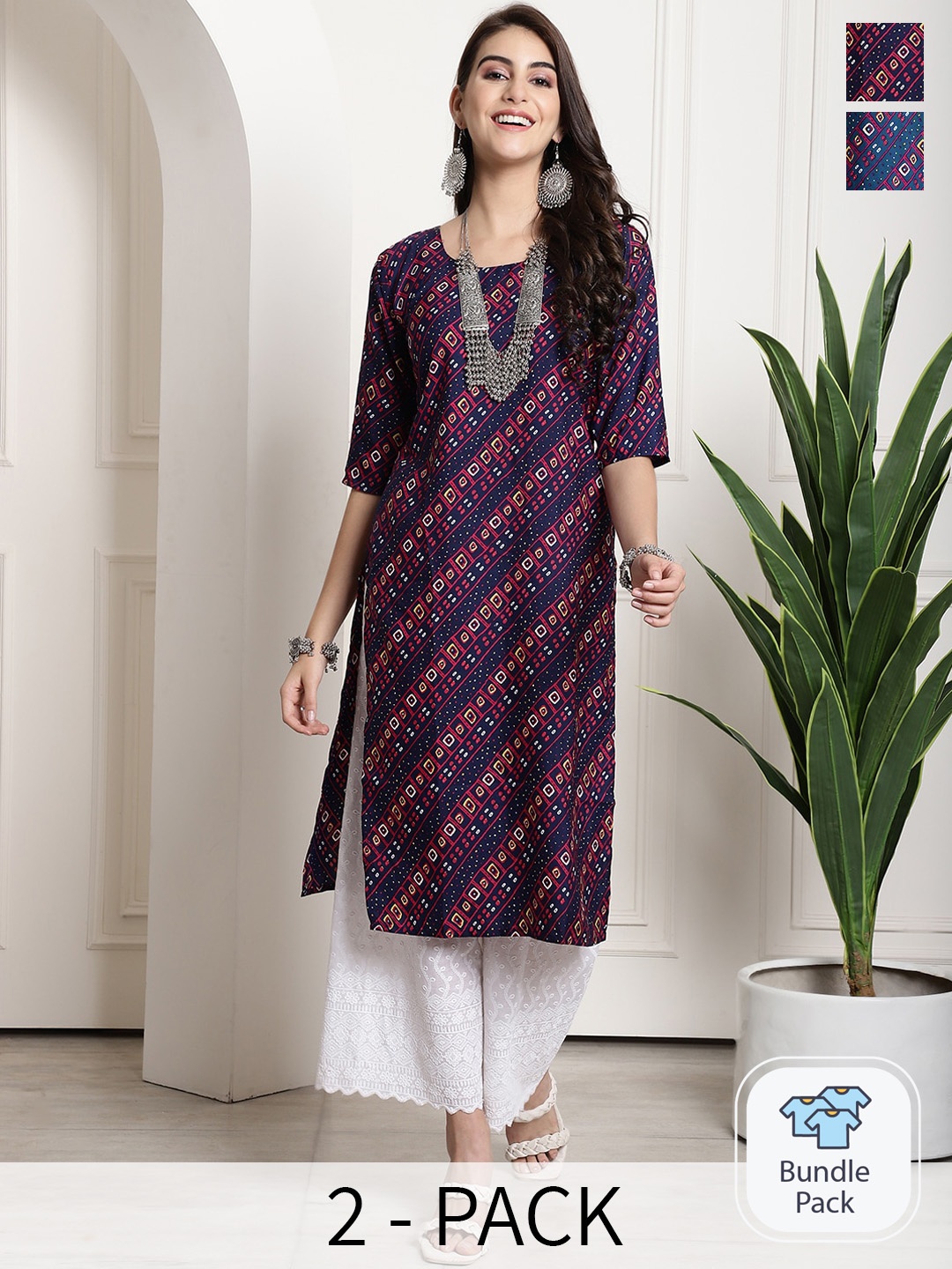 

7Threads Selection Of 2 Ethnic Motifs Printed Round Neck Kurtas, Navy blue