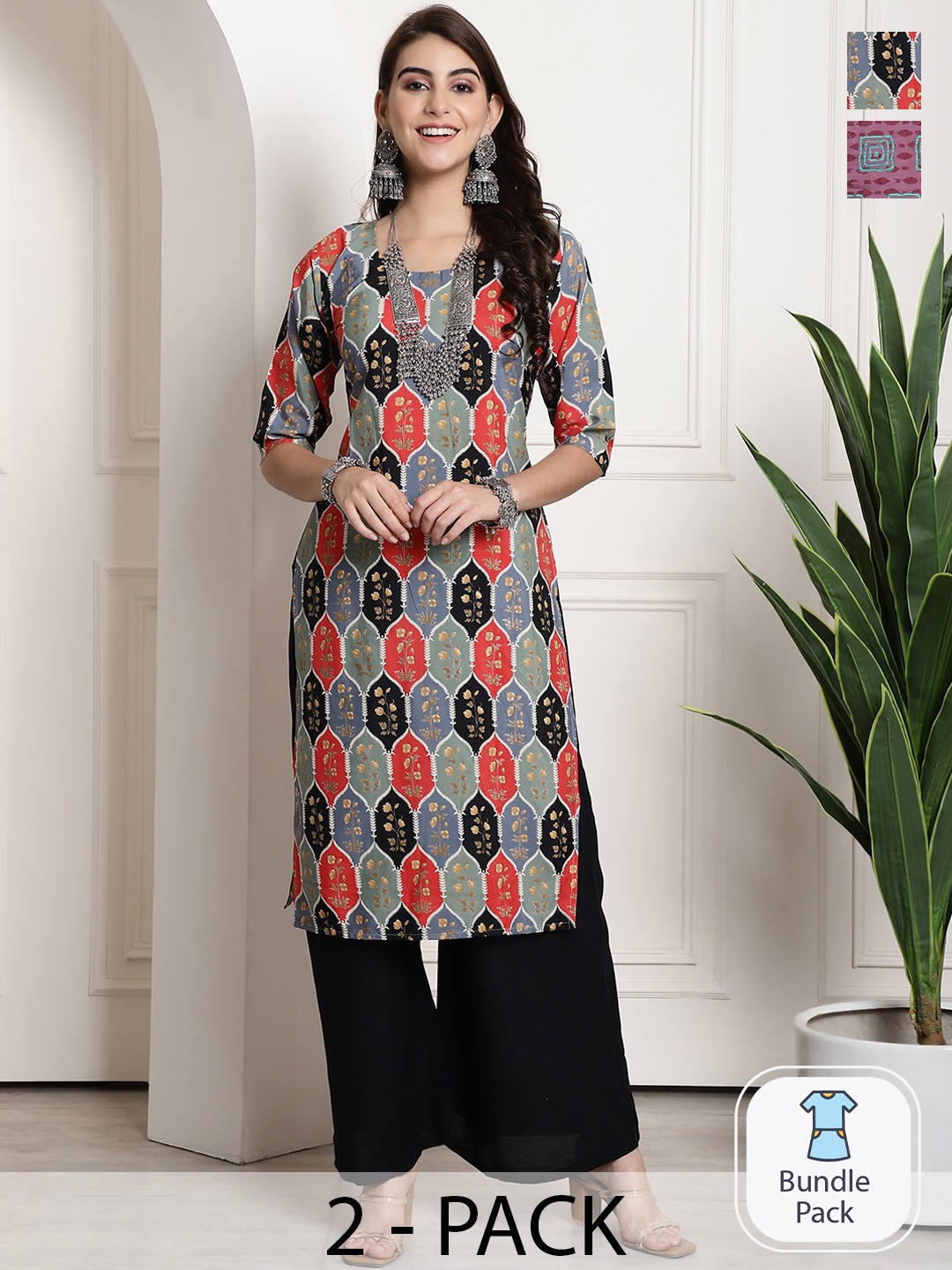 

7Threads Selection of 2 Printed Round Neck Straight Kurtas, Red