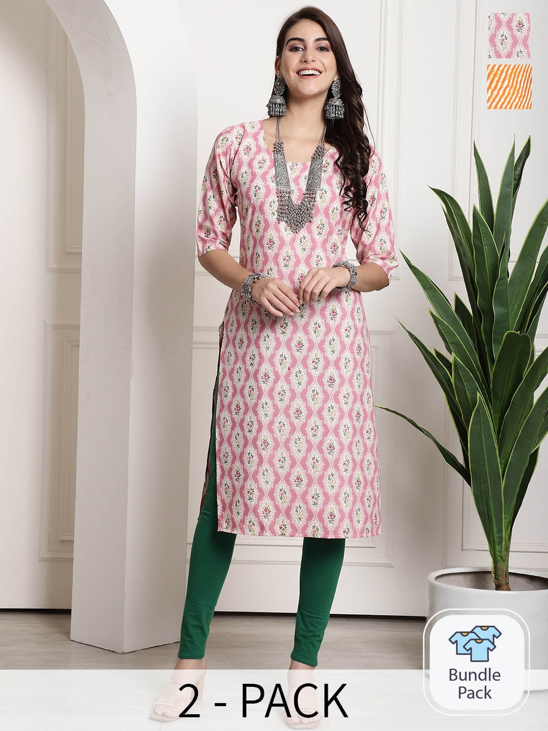 

7Threads Selection of 2 Printed Round Neck Straight Kurtas, Pink