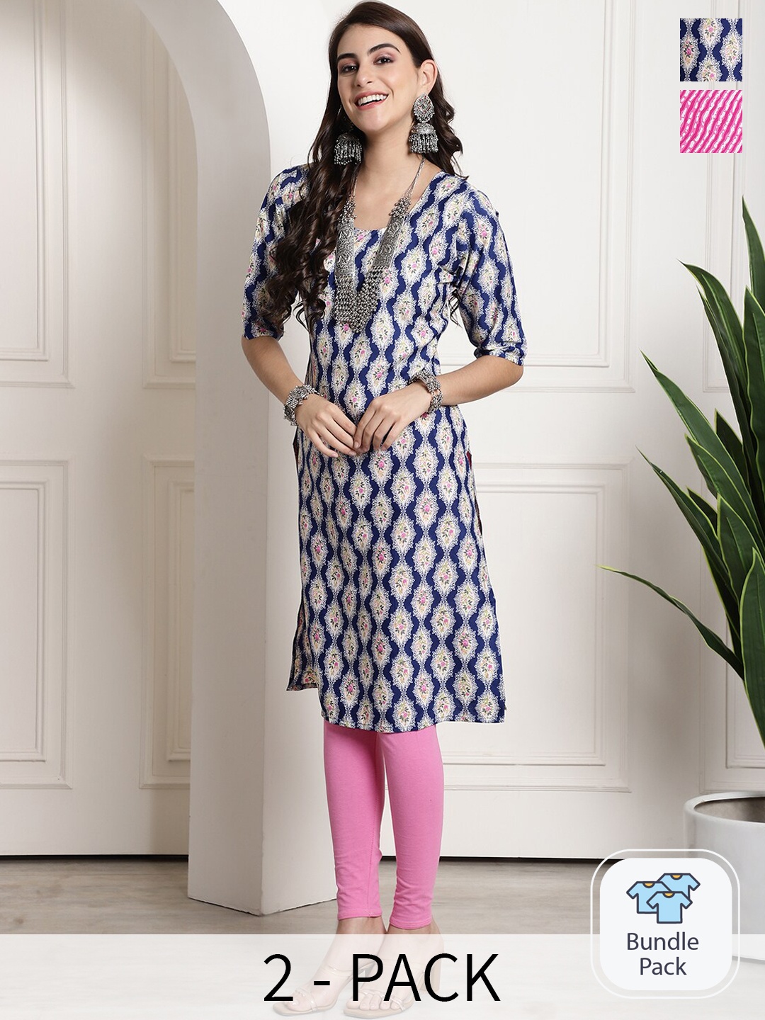 

7Threads Selection Of 2 Ethnic Motifs Printed Straight Kurta, Navy blue