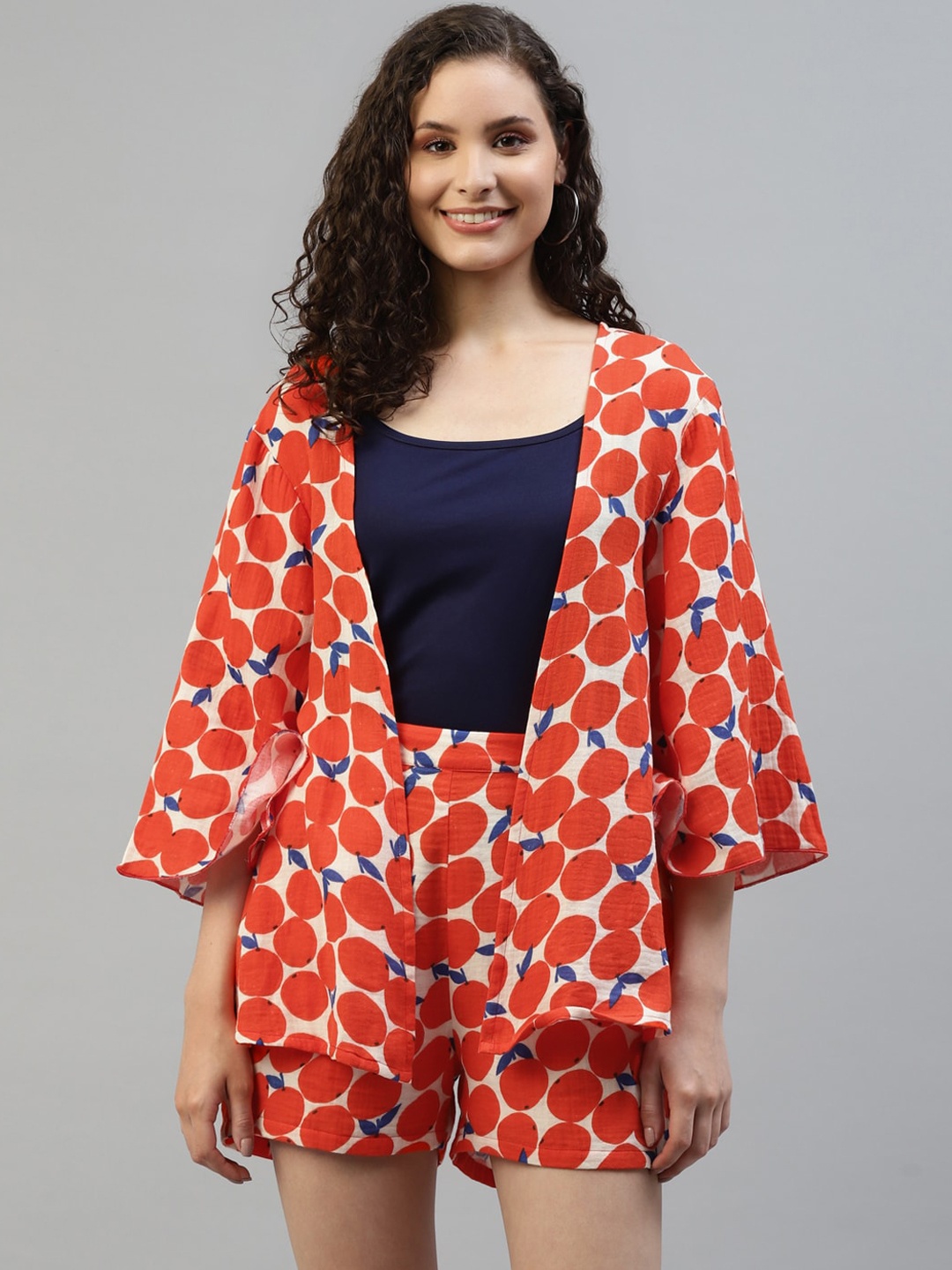 

DEEBACO Printed Top Shrug With Shorts, Orange