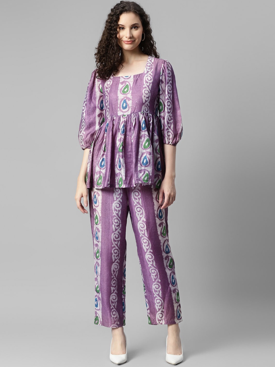 

DEEBACO Printed Square Neck Top With Trousers, Lavender