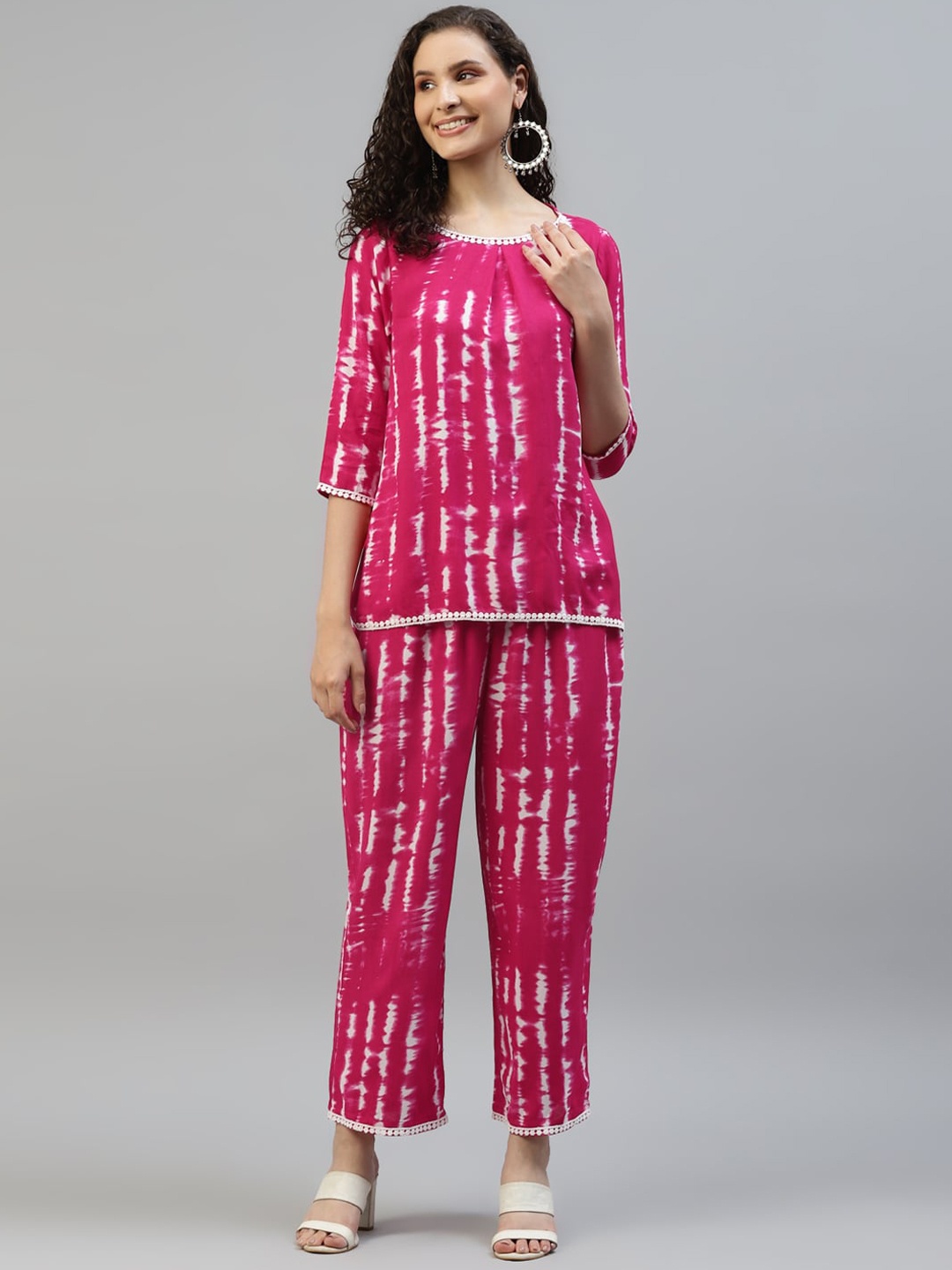 

DEEBACO Tie & Dye Dyed Ethnic Top With Palazzos, Magenta