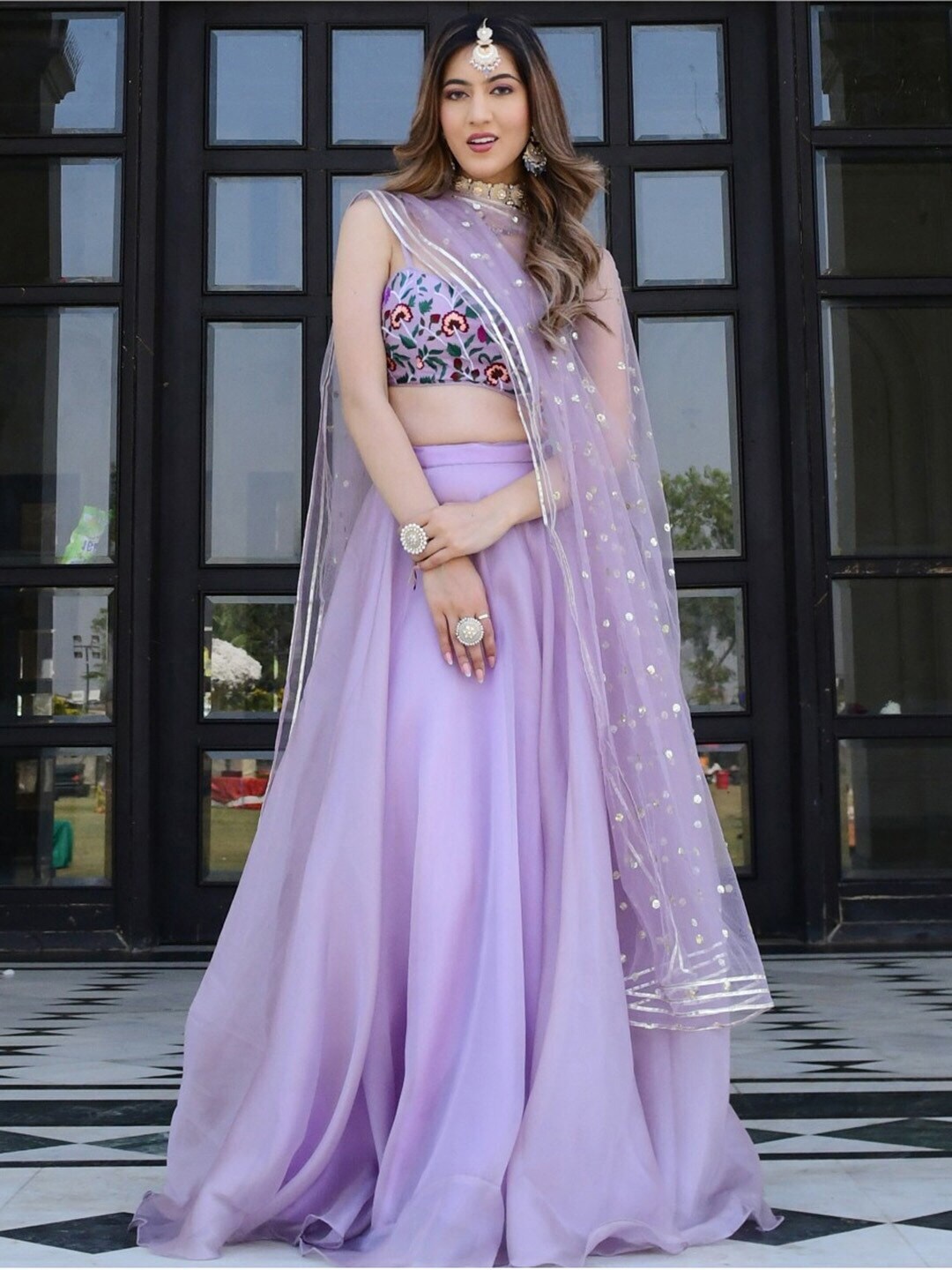 

FABPIXEL Embroidered Sequinned Semi-Stitched Lehenga & Unstitched Blouse With Dupatta, Lavender