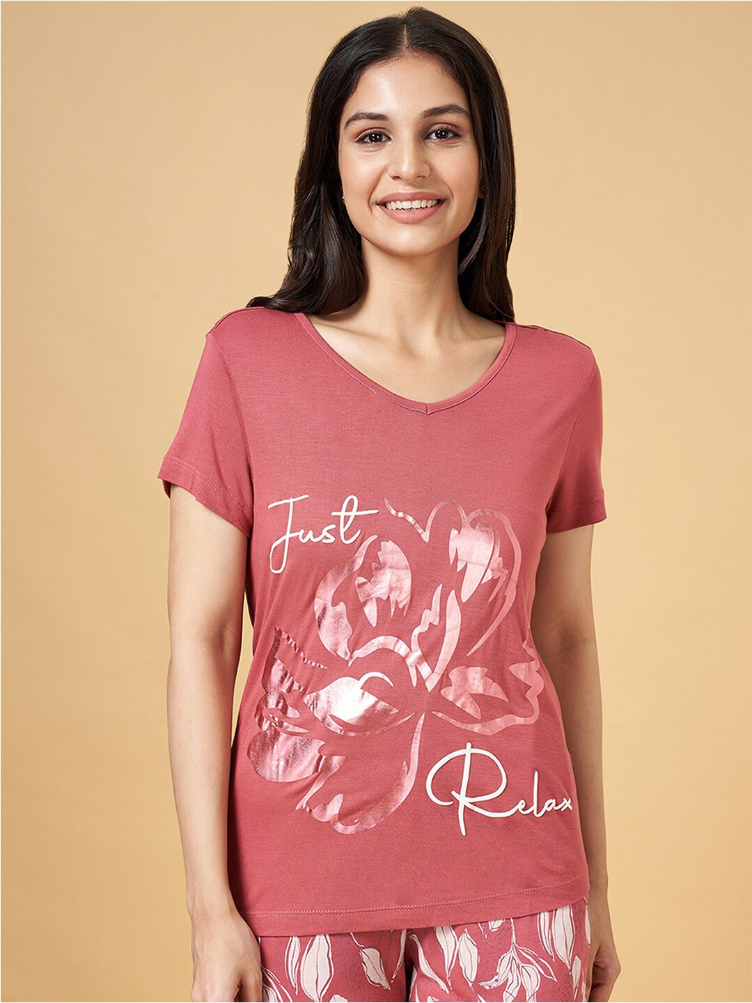 

Dreamz by Pantaloons V-Neck Print Cotton Top, Mauve
