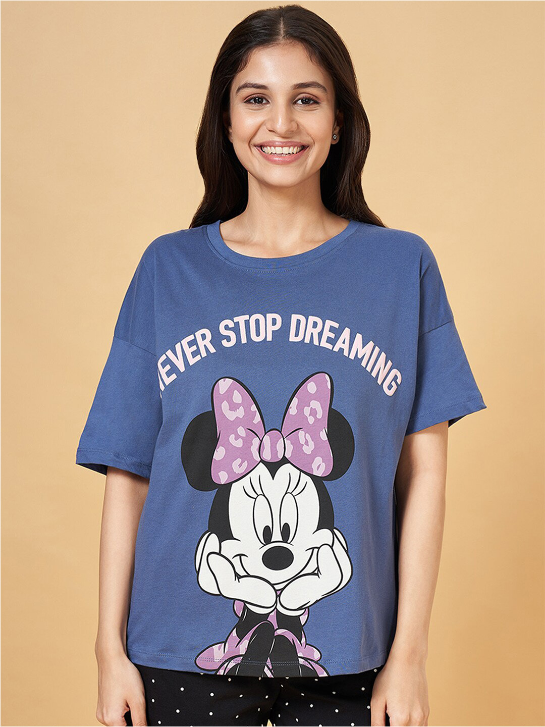 

Dreamz by Pantaloons Mickey Mouse Printed Drop Shoulder Sleeves Cotton Oversized T-Shirt, Blue