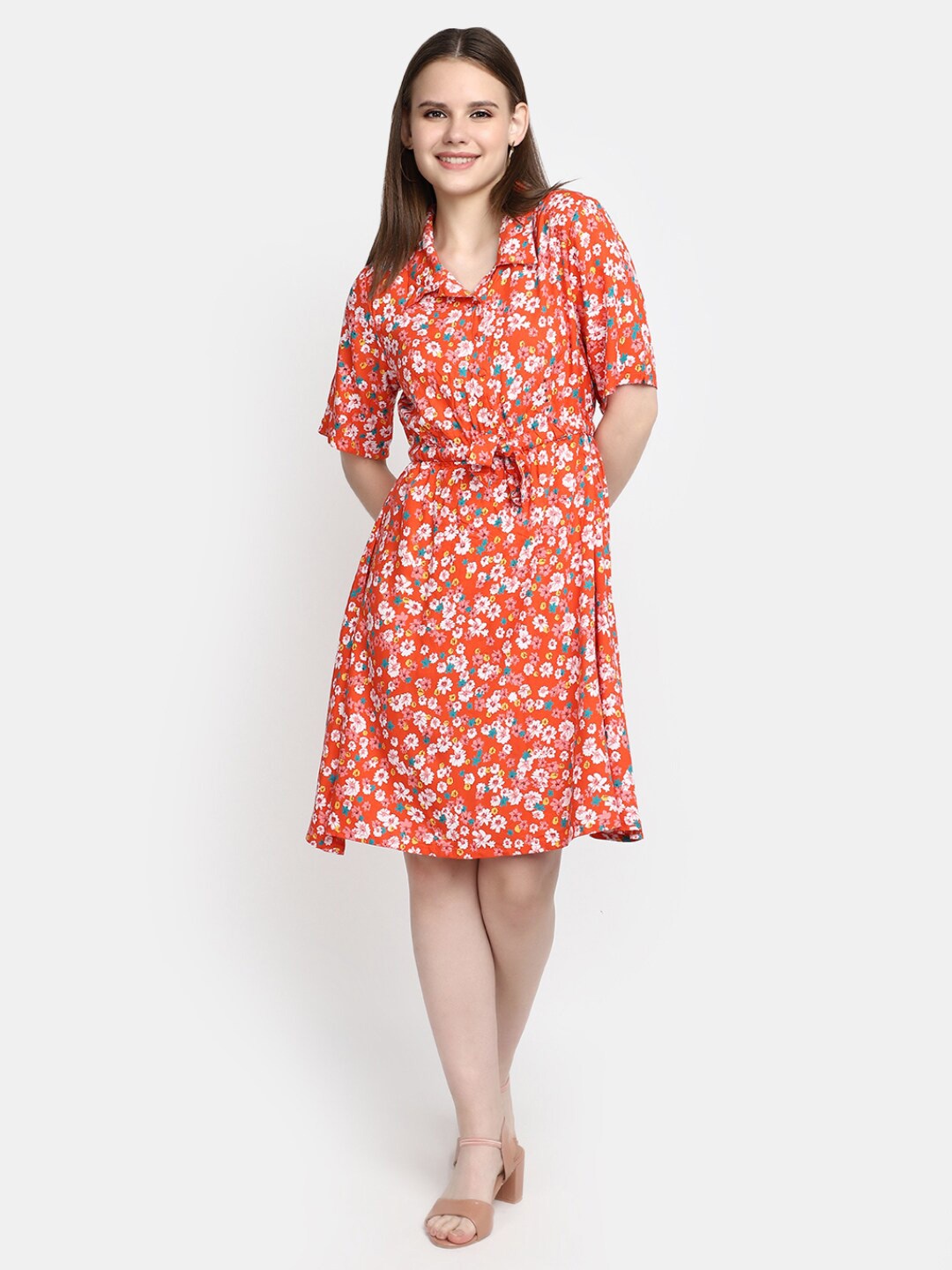 

V-Mart Floral Printed A-Line Dress, Orange