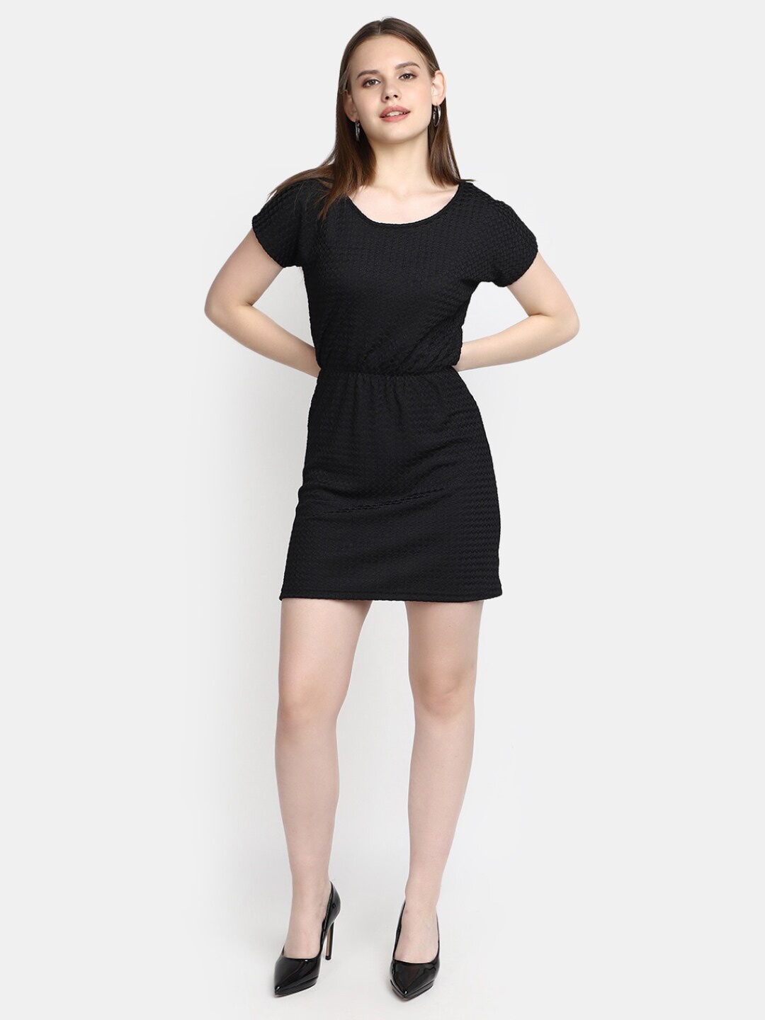 

V-Mart Self Design Round Neck Short Sleeve Dress, Black