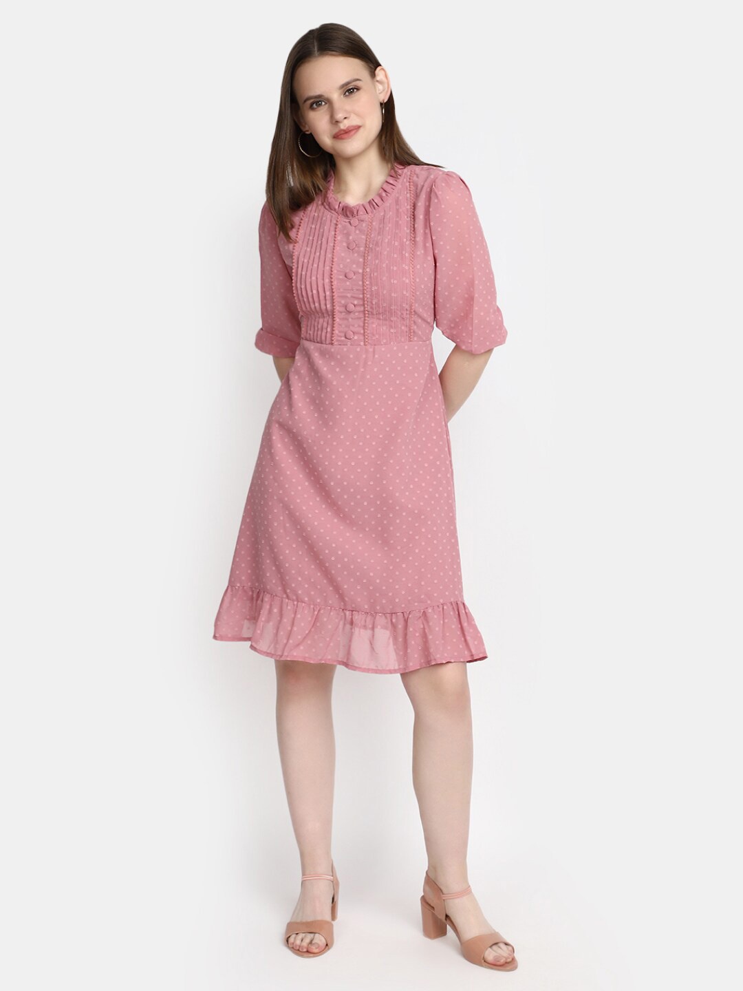 

V-Mart Self Design Round Neck Puff Sleeve A-Line Cotton Midi Dress, Pink