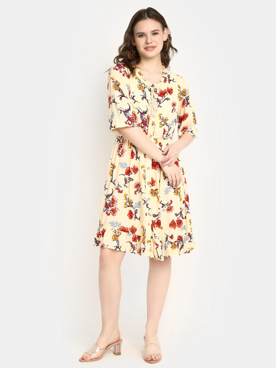 

V-Mart Floral Printed A-Line Dress, Yellow