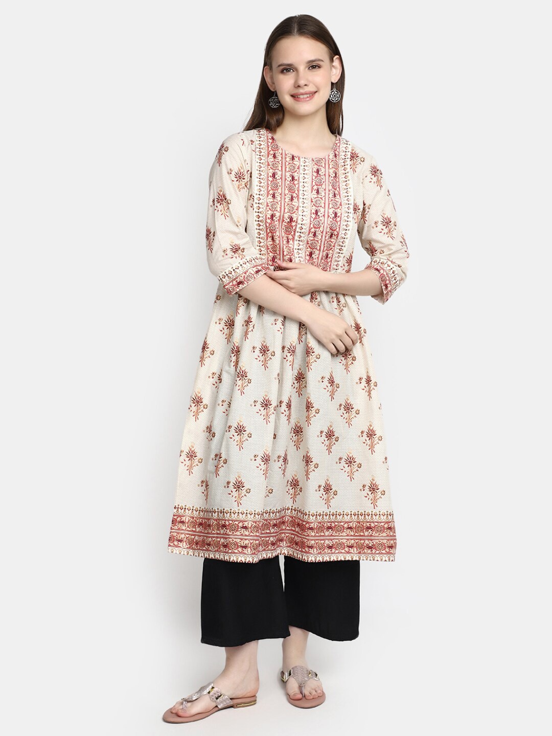

V-Mart Ethnic Motifs Printed Round Neck Cotton Kurta, Beige