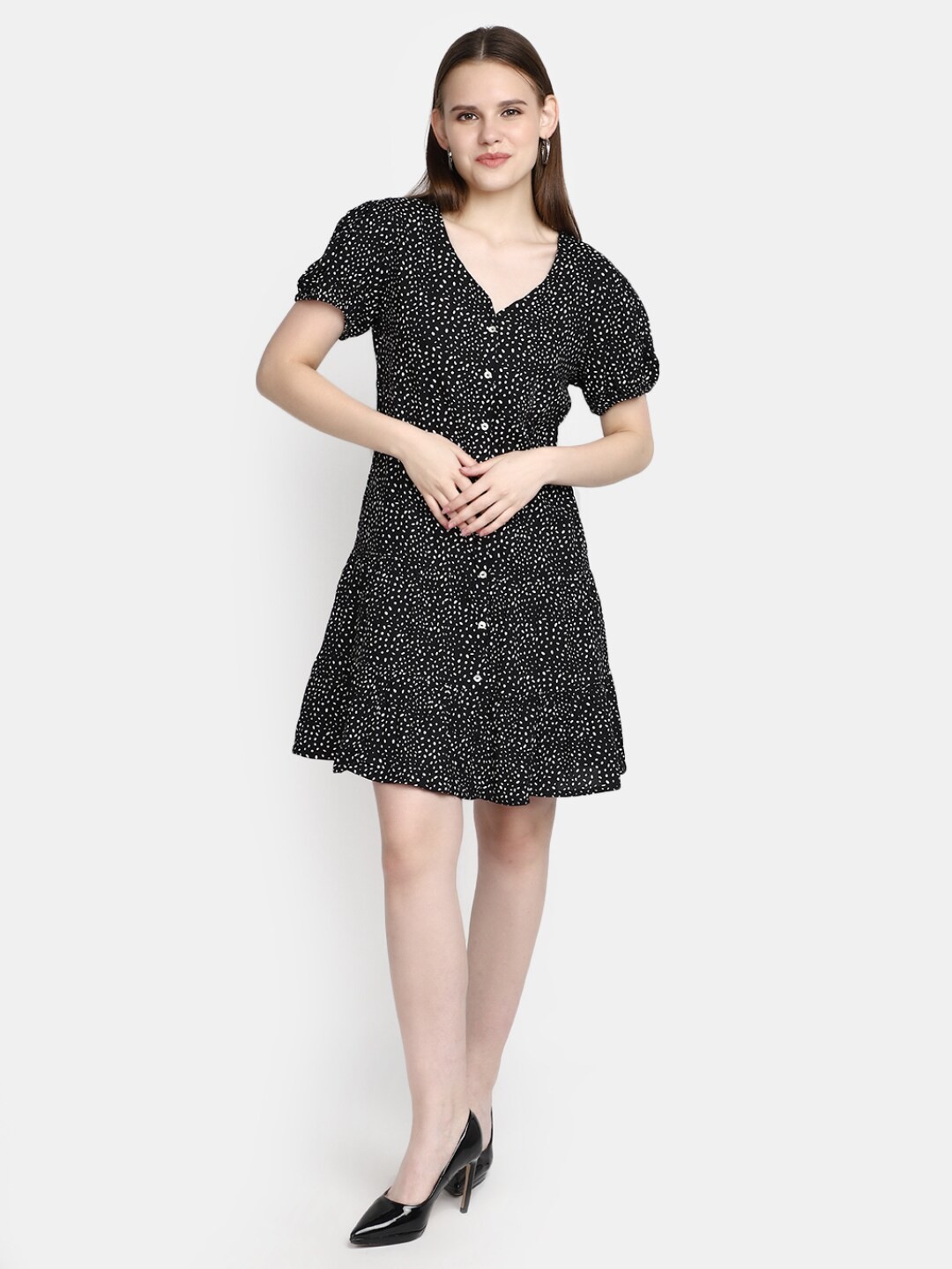 

V-Mart Abstract Printed V-Neck Puff Sleeve A-Line Dress, Black