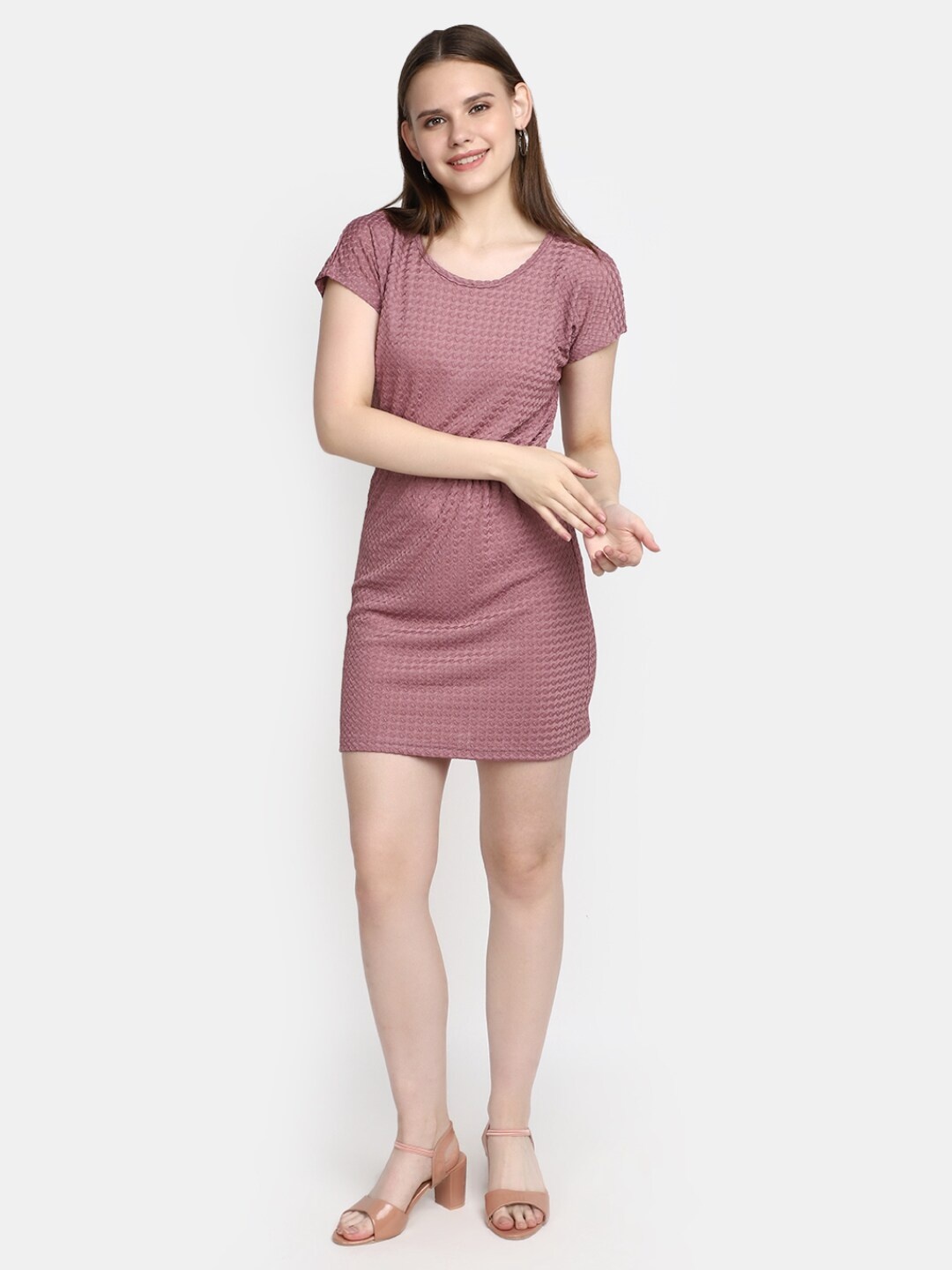 

V-Mart Self Design Round Neck Sheath Dress, Mauve