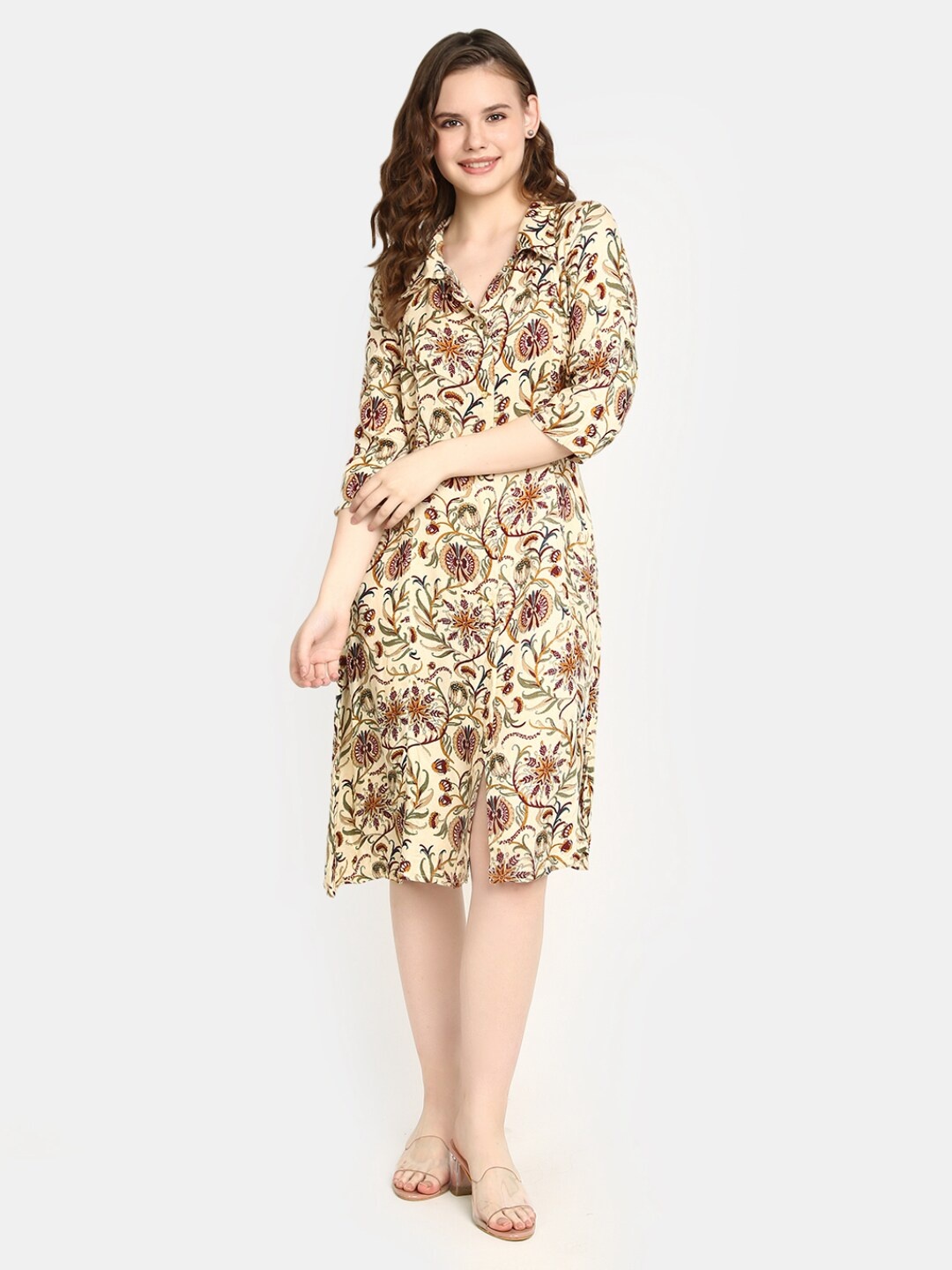 

V-Mart Floral Printed Shirt Collar Midi Shirt Dress, Beige