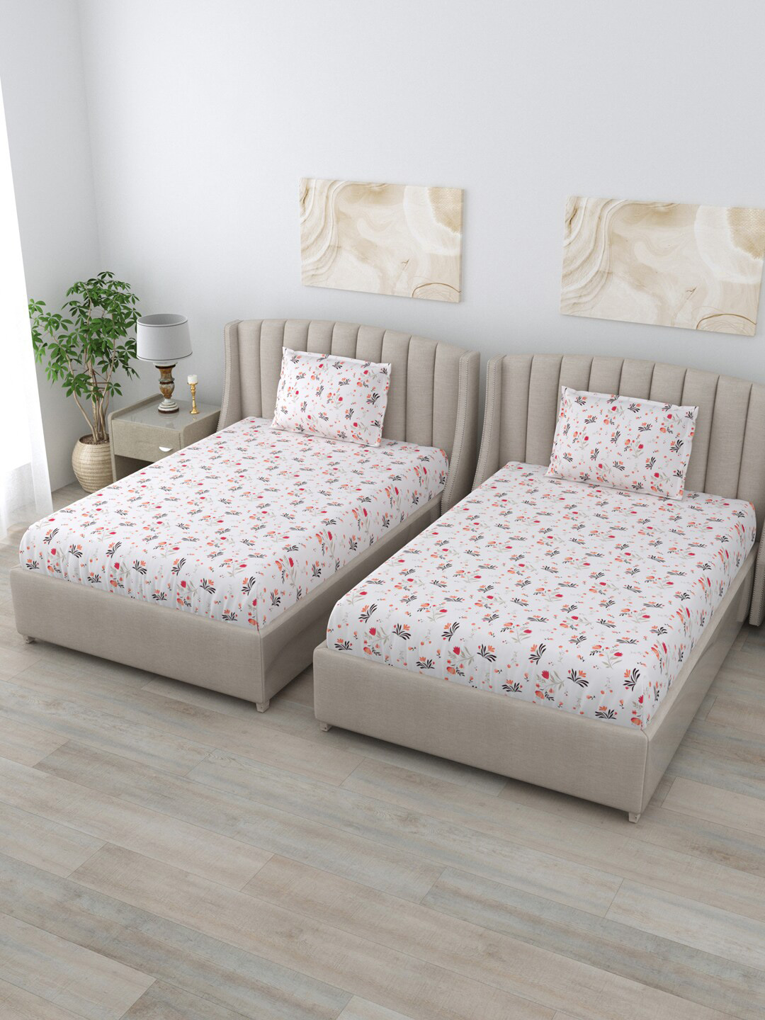 

BOMBAY DYEING Vintage White Floral Pure Cotton 180 TC 2 Single Bedsheets & 2 Pillow Covers, Red