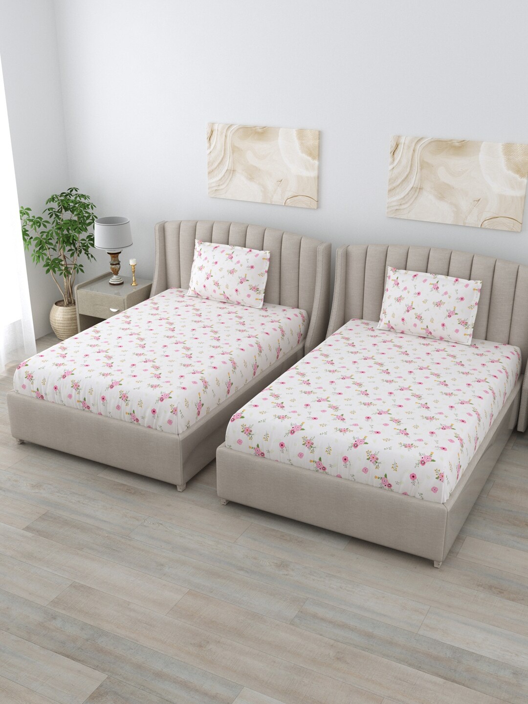 

BOMBAY DYEING Vintage White Floral Pure Cotton 180 TC 2 Single Bedsheets & 2 Pillow Covers, Pink